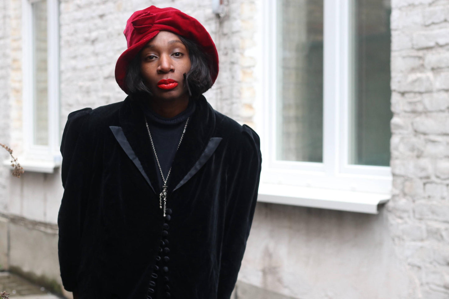 Vintage Black Velvet Jacket Puff Shoulder 1940s Style Evening Blazer Loop Button