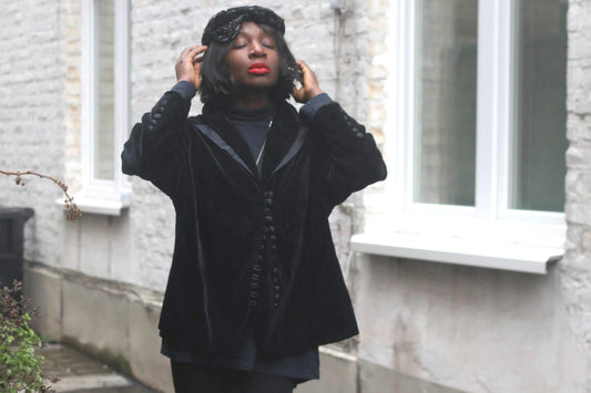 Vintage Black Velvet Jacket Puff Shoulder 1940s Style Evening Blazer Loop Button