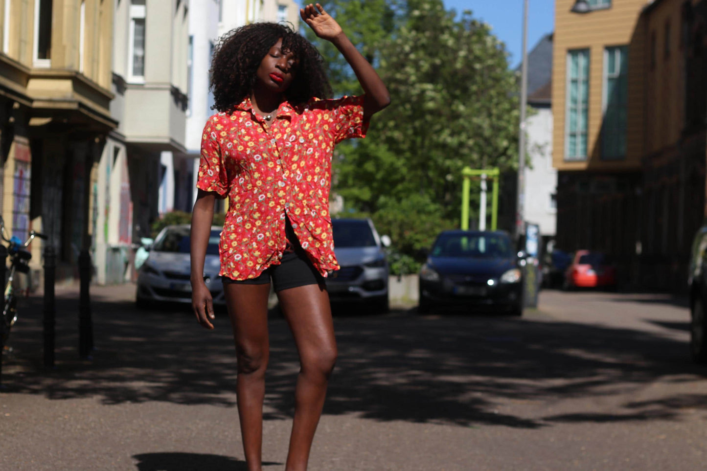Vintage Floral Blouse Red 90s Button Up Shirt Retro Flower Print Top