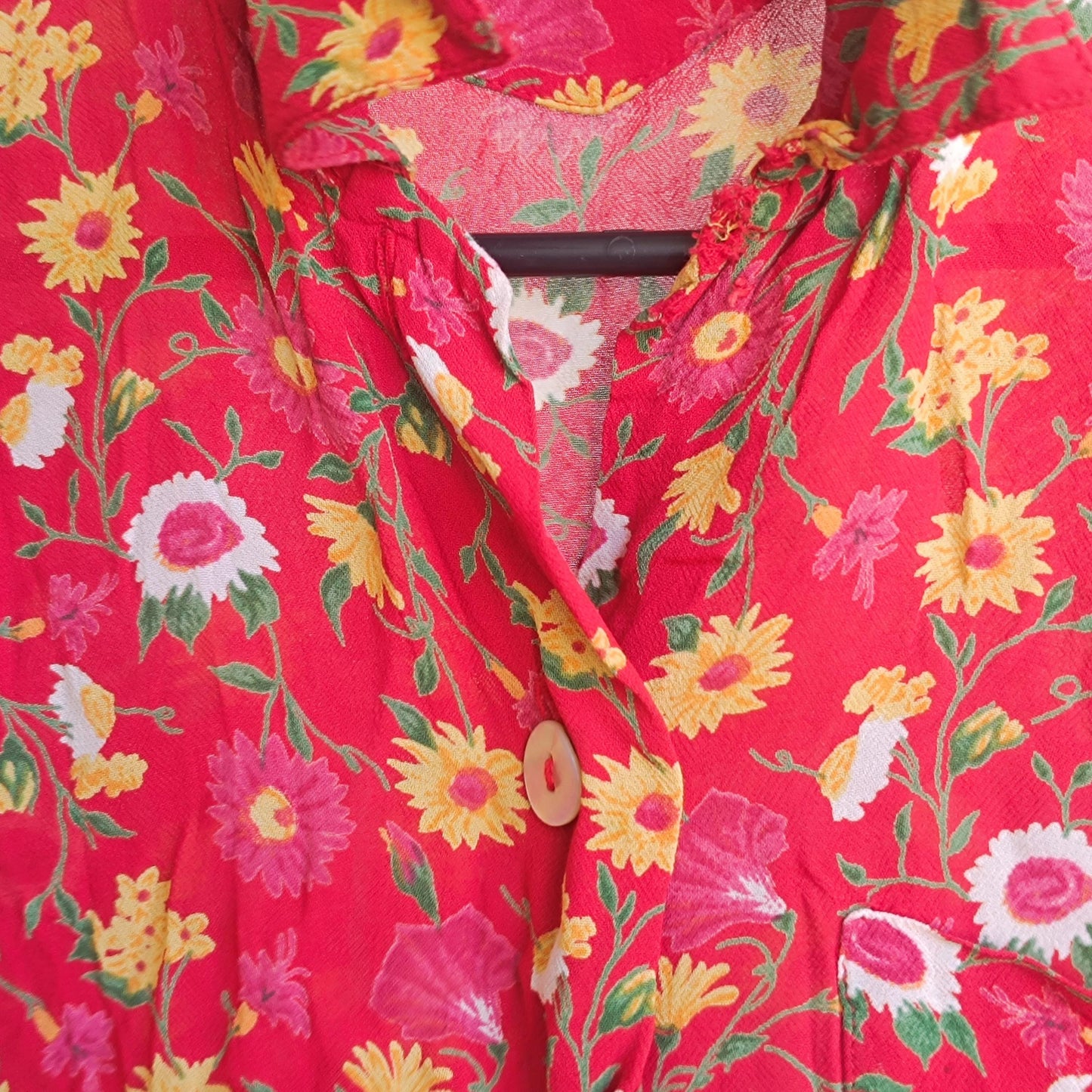 Vintage Floral Blouse Red 90s Button Up Shirt Retro Flower Print Top