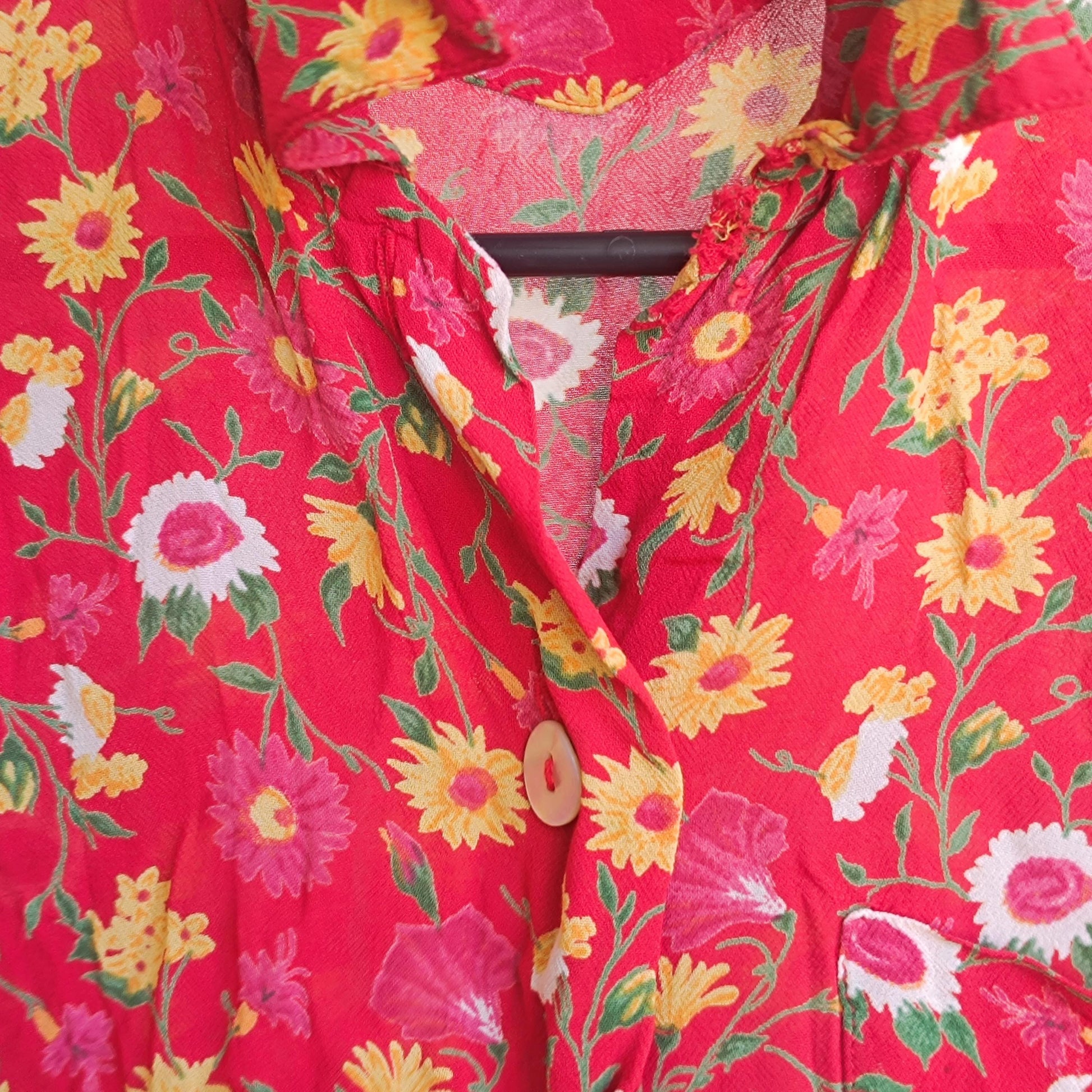 Vintage Floral Blouse Red 90s Button Up Shirt Retro Flower Print Top
