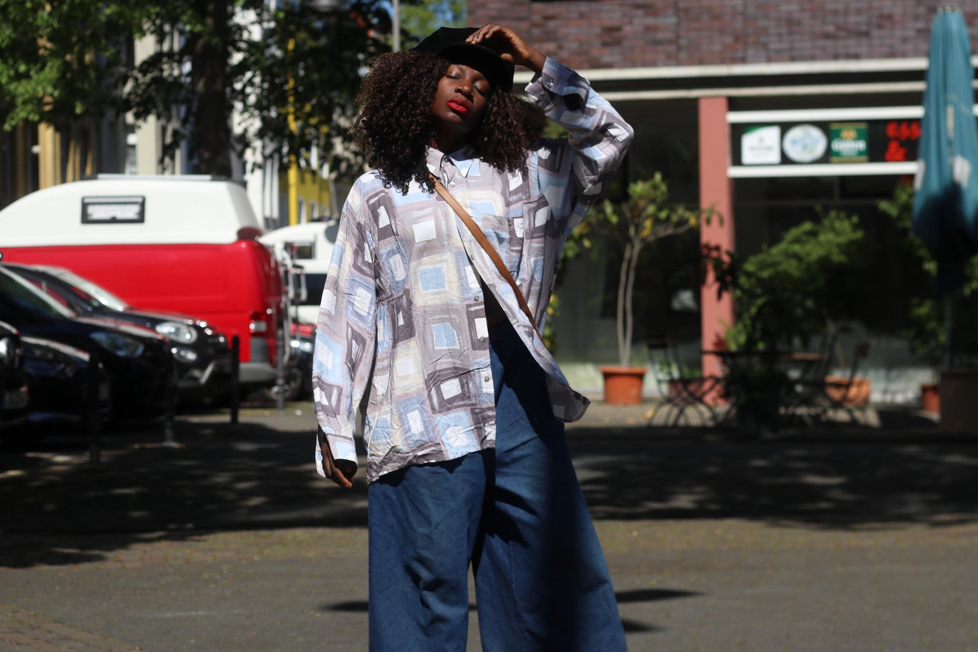 Vintage 90s Oversized Geometric Shirt Abstract Square Print Pastel Lilac XXL