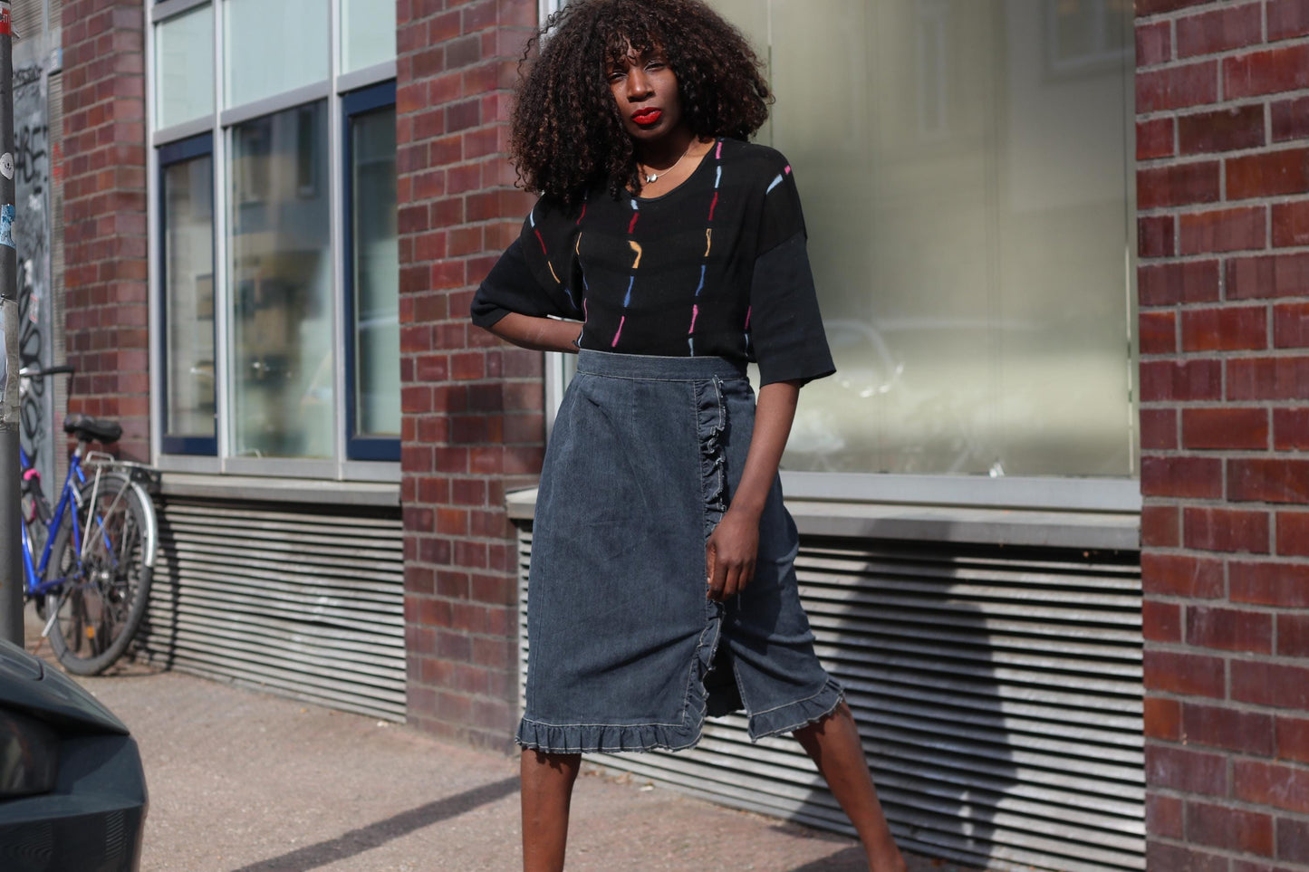 Vintage Denim Ruffle Skirt Dark Wash Cotton Midi Skirt Frill Trim A-Line 90s