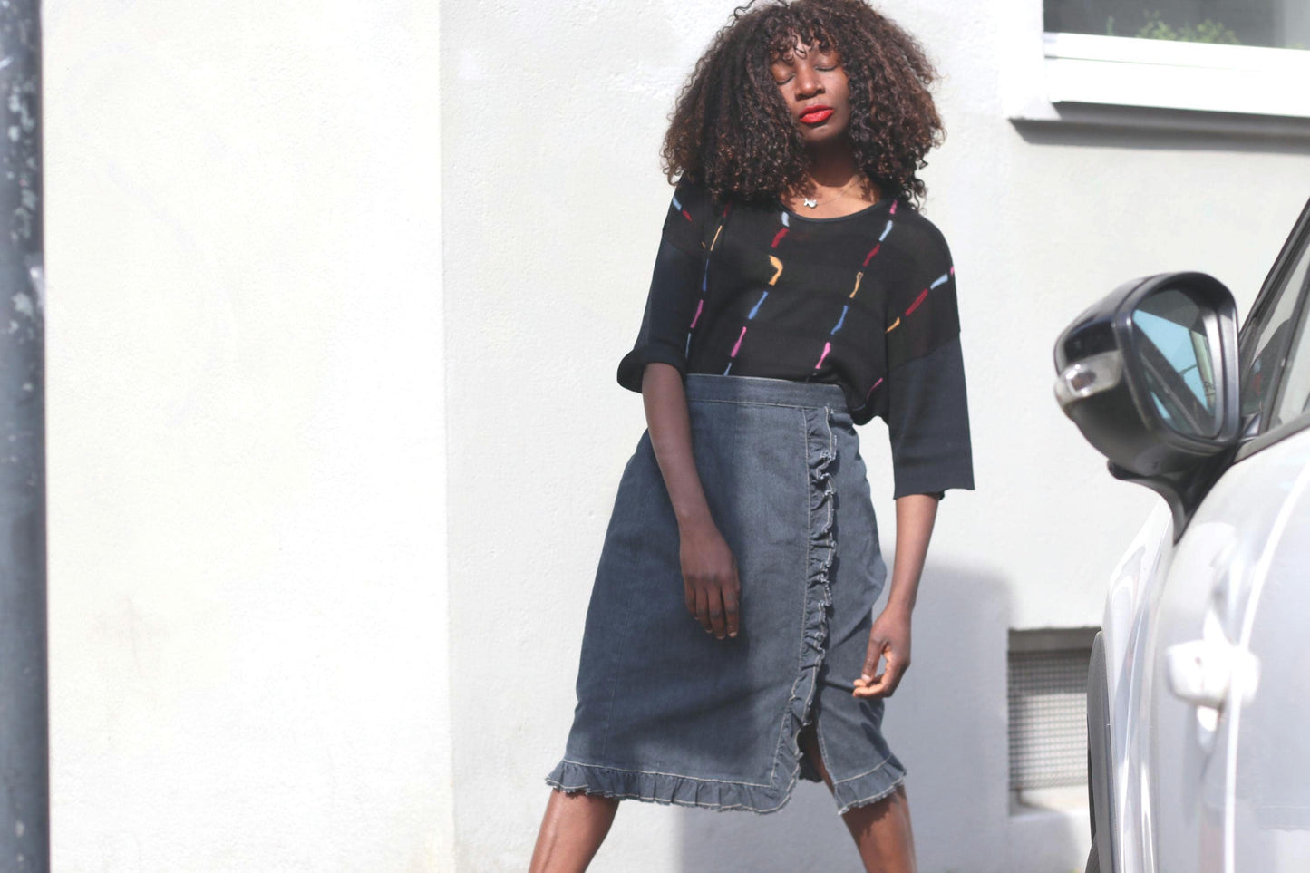 Vintage Denim Ruffle Skirt Dark Wash Cotton Midi Skirt Frill Trim A-Line 90s