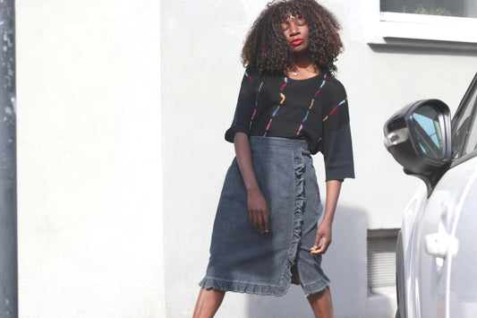 Vintage Denim Ruffle Skirt Dark Wash Cotton Midi Skirt Frill Trim A-Line 90s