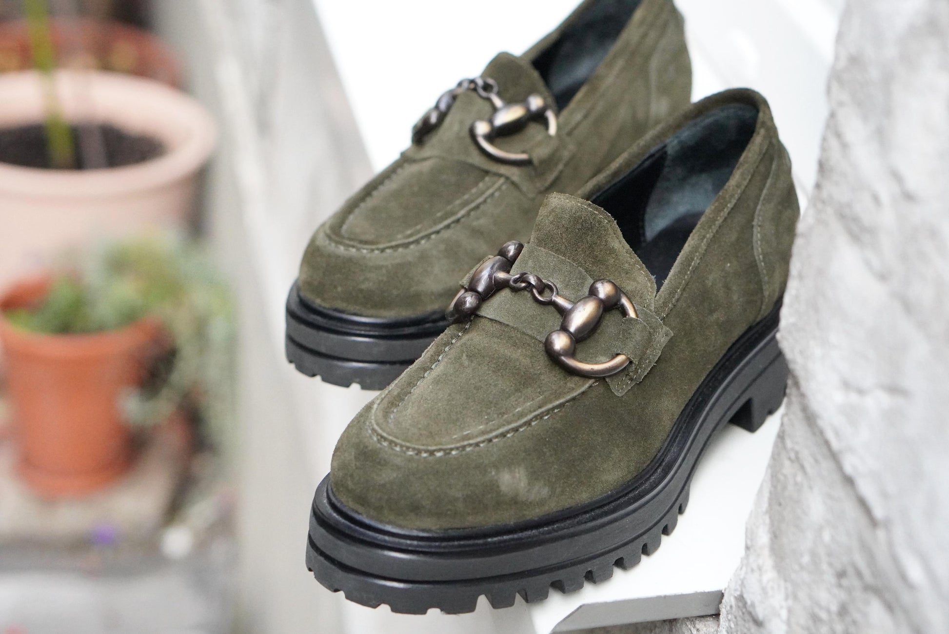 Vintage Suede Loafers | 90s Olive Green Andrea Puccini Horsebit Lug Sole Shoes EU 37