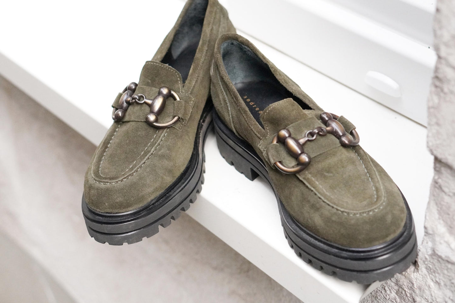 Vintage Suede Loafers | 90s Olive Green Andrea Puccini Horsebit Lug Sole Shoes EU 37
