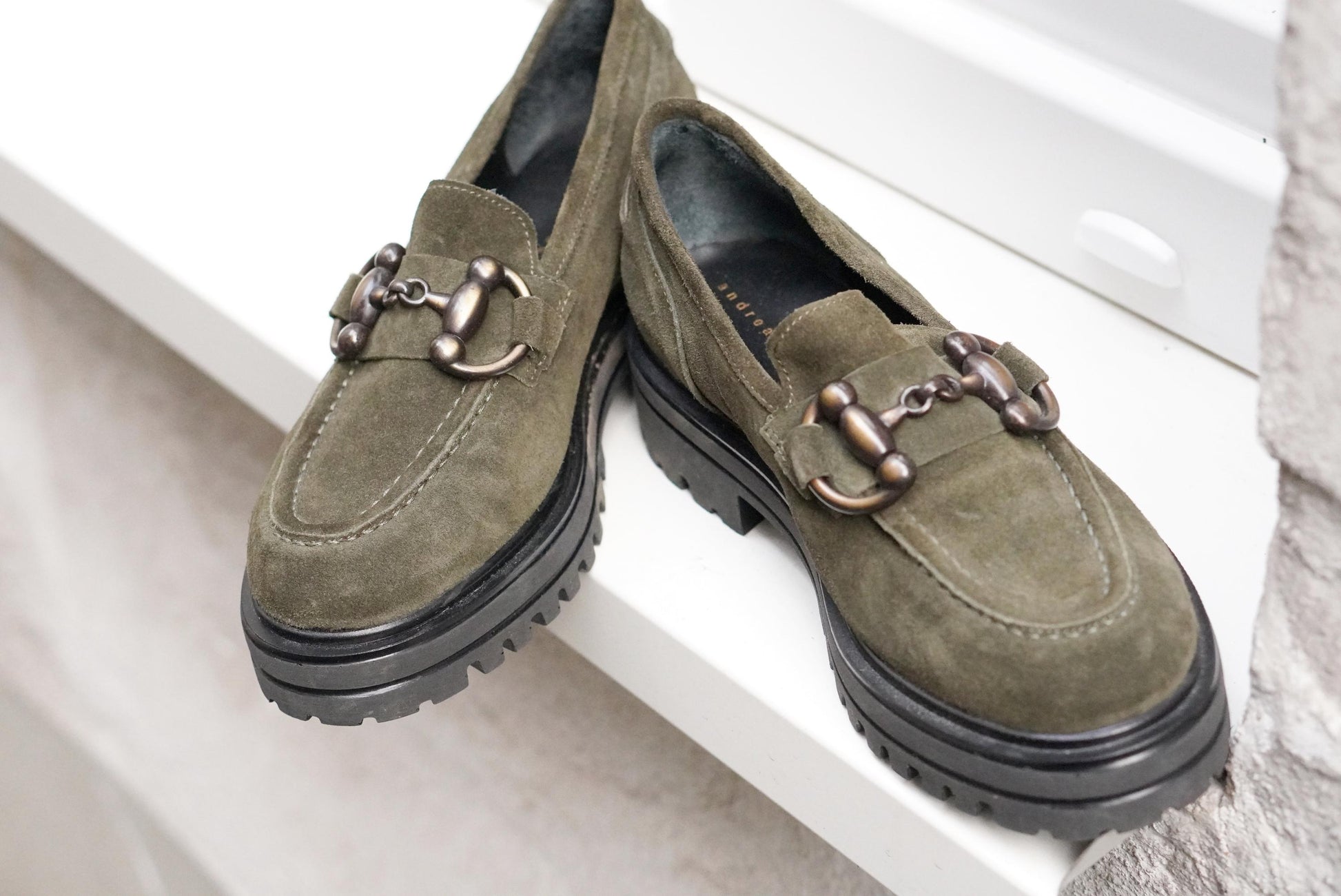 Vintage Suede Loafers | 90s Olive Green Andrea Puccini Horsebit Lug Sole Shoes EU 37
