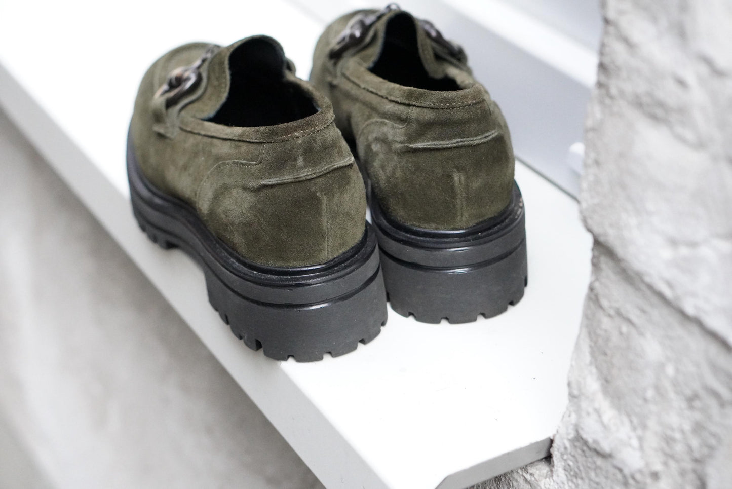 Vintage Suede Loafers | 90s Olive Green Andrea Puccini Horsebit Lug Sole Shoes EU 37