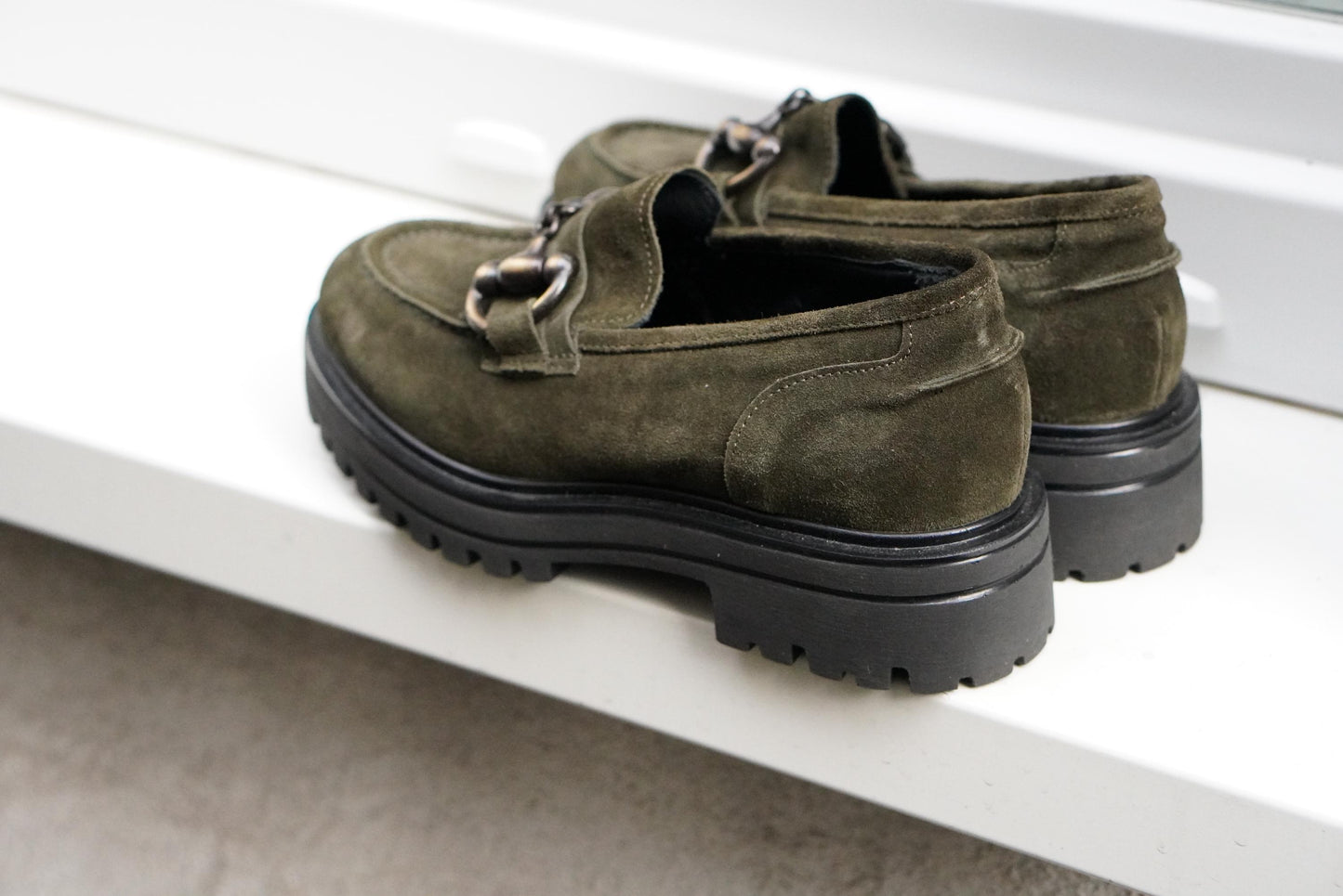 Vintage Suede Loafers | 90s Olive Green Andrea Puccini Horsebit Lug Sole Shoes EU 37
