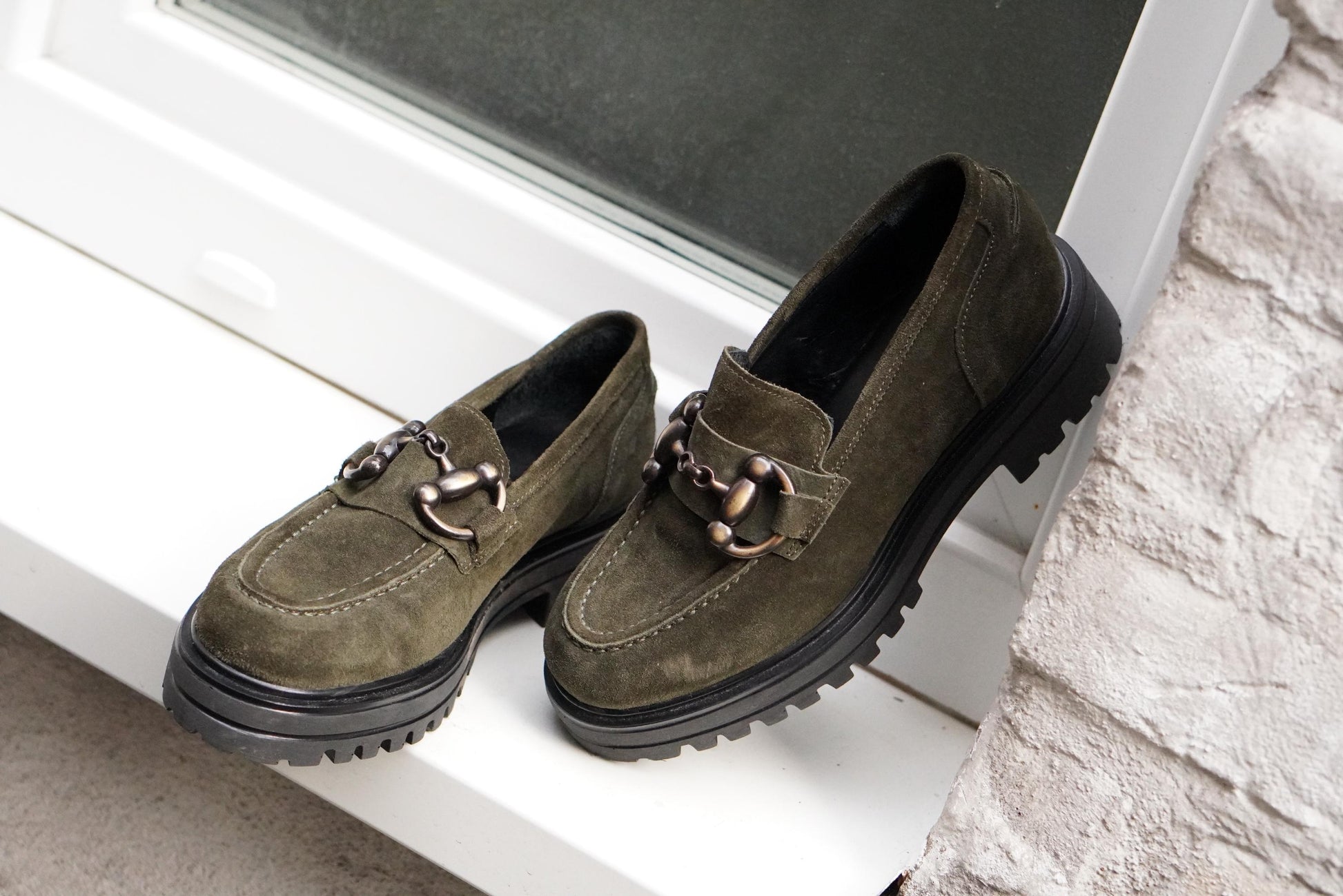 Vintage Suede Loafers | 90s Olive Green Andrea Puccini Horsebit Lug Sole Shoes EU 37