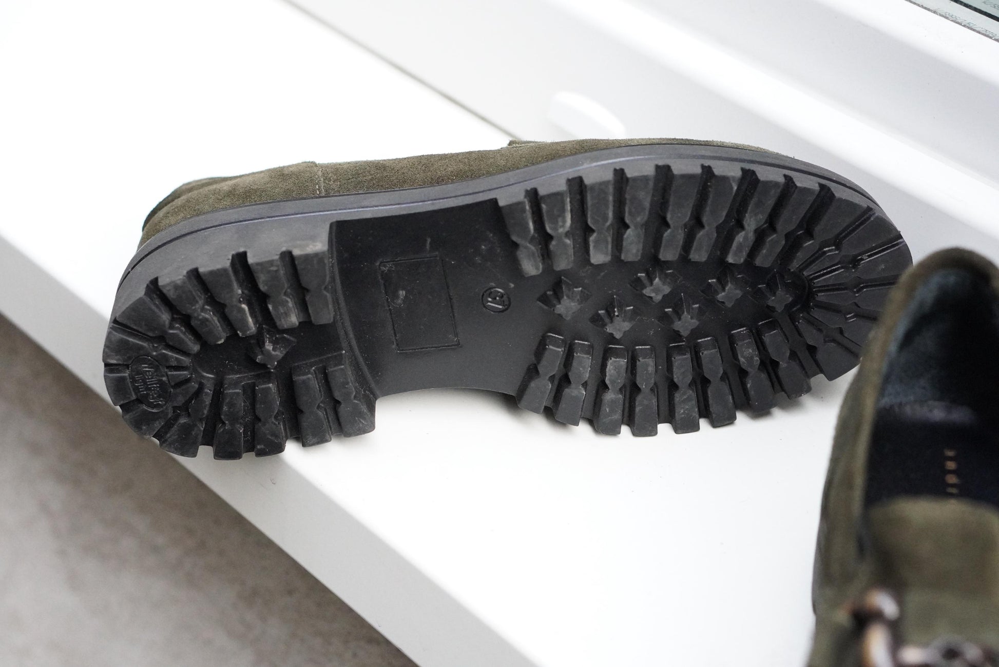 Vintage Suede Loafers | 90s Olive Green Andrea Puccini Horsebit Lug Sole Shoes EU 37