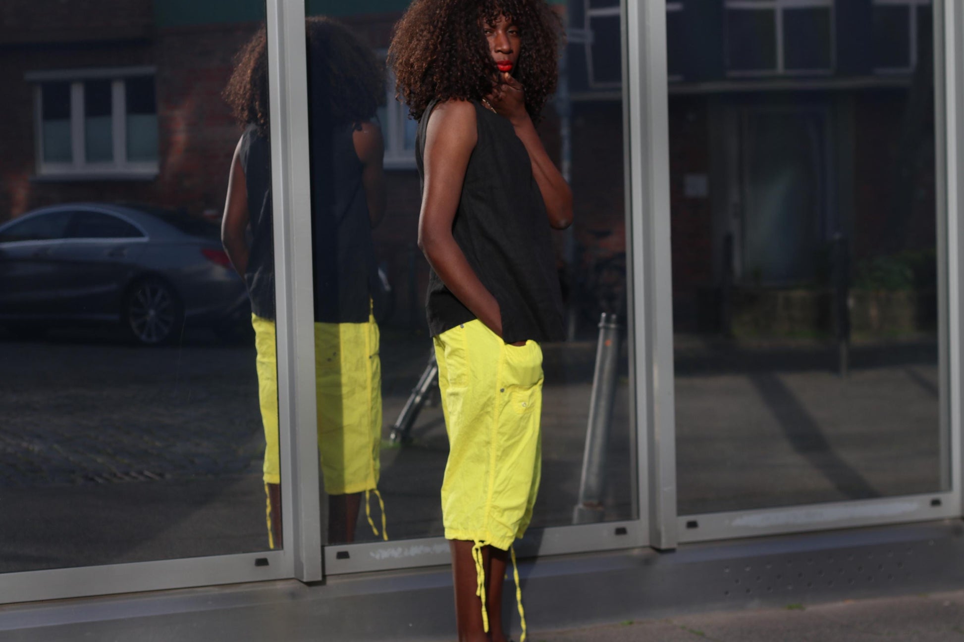 Neon Yellow Cargo Pants Vintage Cropped Trousers Y2K Capri Pants Utility Streetwear