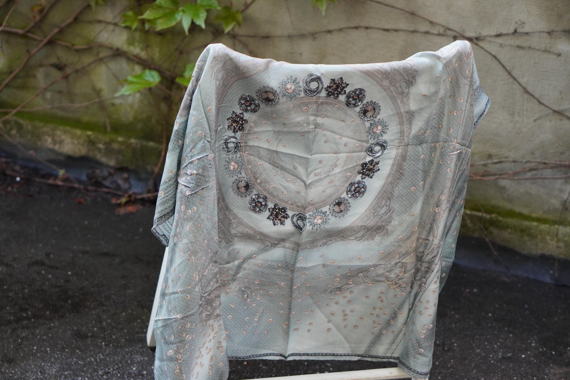 Vintage Armine Silk Scarf Pure Silk Grey Blue Jewel Print Square Head Wrap Hijab