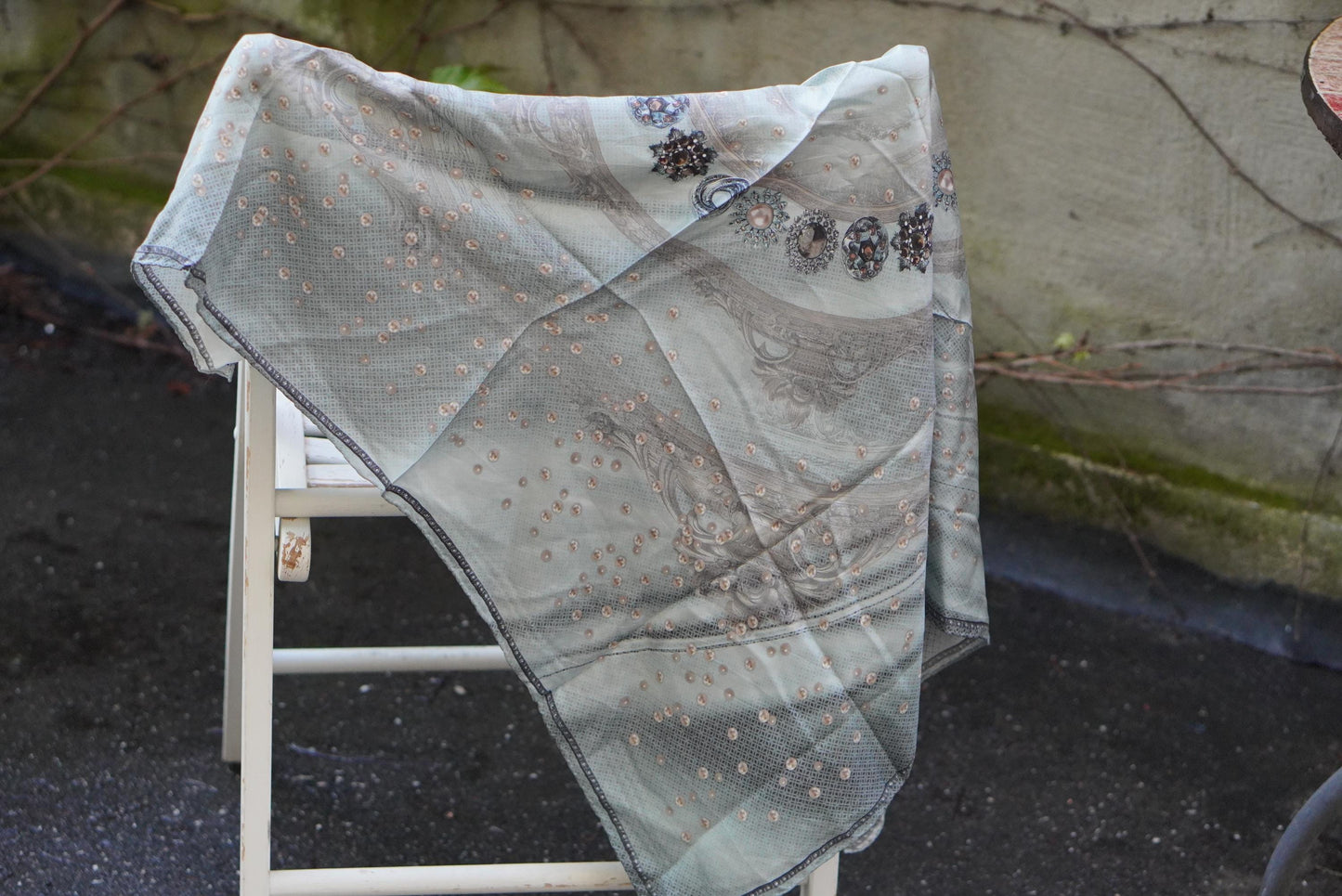 Vintage Armine Silk Scarf Pure Silk Grey Blue Jewel Print Square Head Wrap Hijab