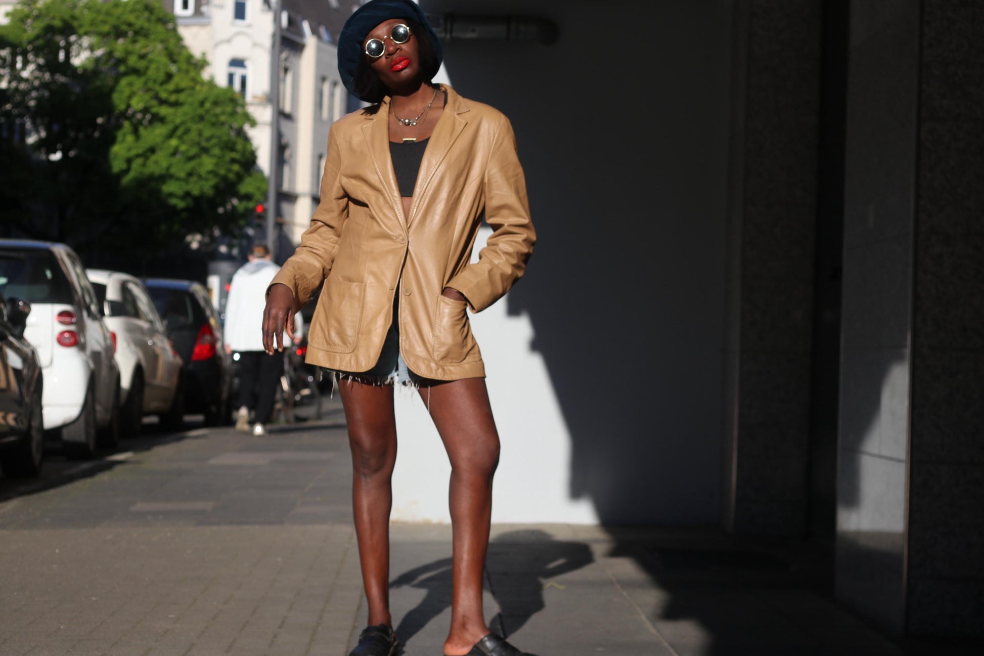 Vintage Leather Blazer Tan Brown Oversized Leather Jacket 90s Minimalist Coat