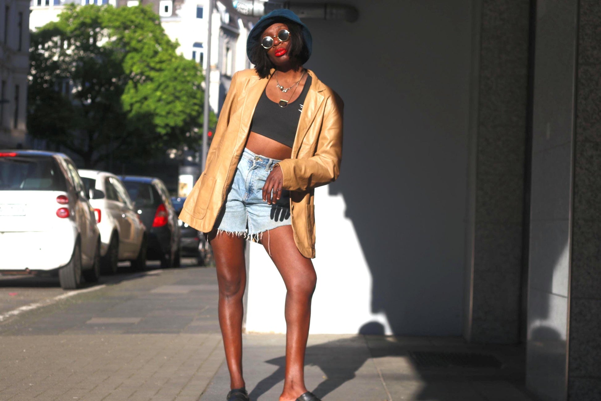 Vintage Leather Blazer Tan Brown Oversized Leather Jacket 90s Minimalist Coat