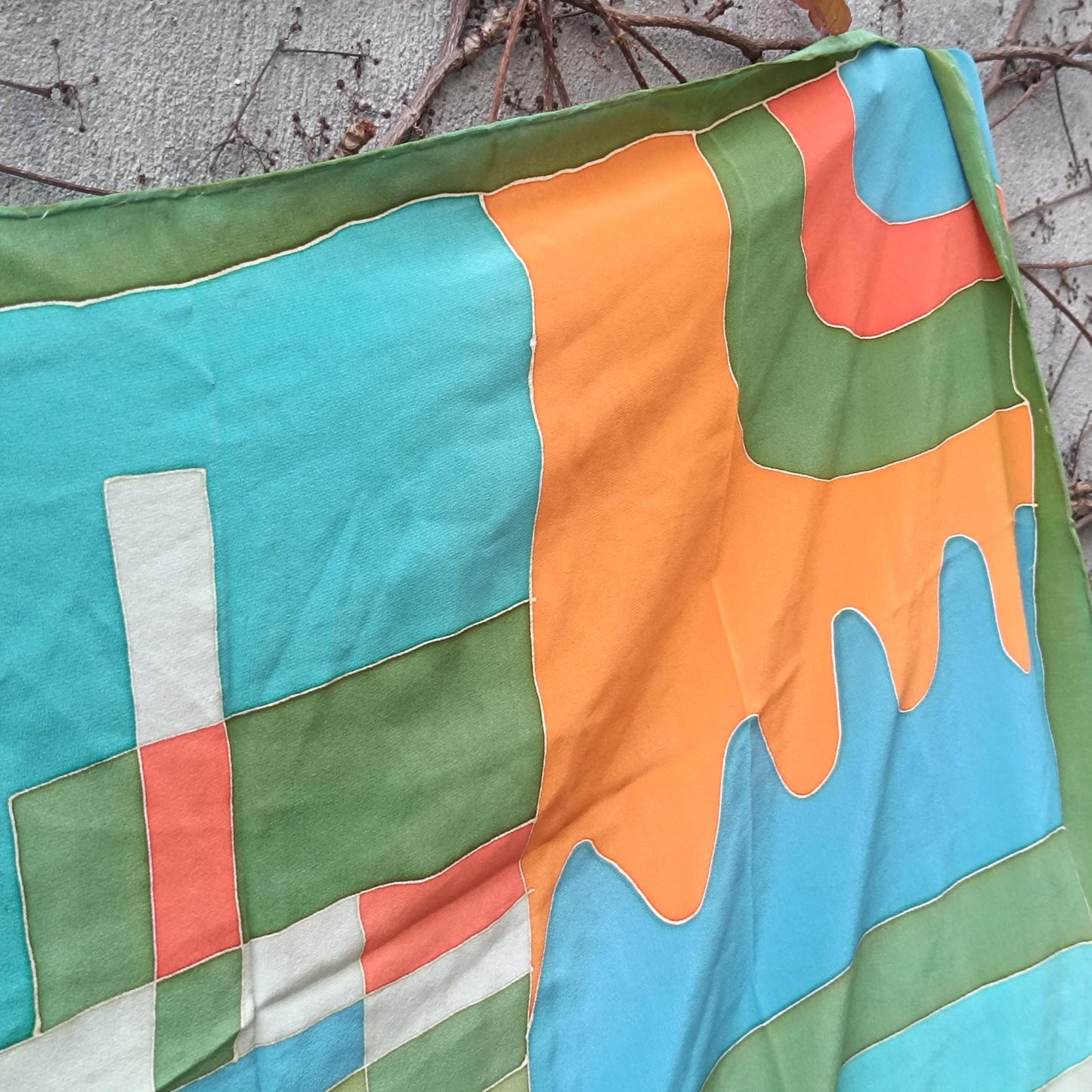 Vintage Hand Painted Silk Scarf Abstract Geometric Wearable Art Mid Century Style