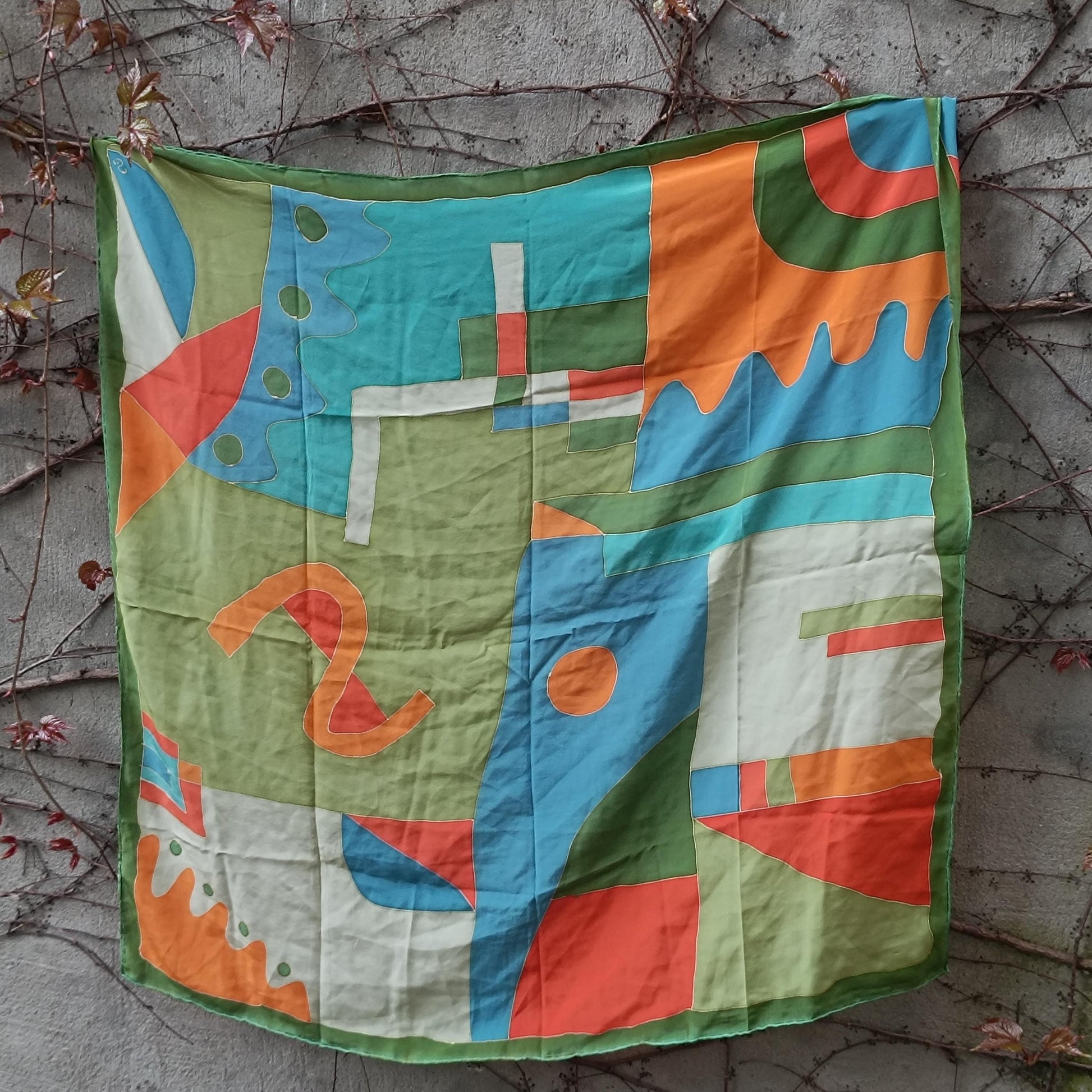 Vintage Hand Painted Silk Scarf Abstract Geometric Wearable Art Mid Century Style