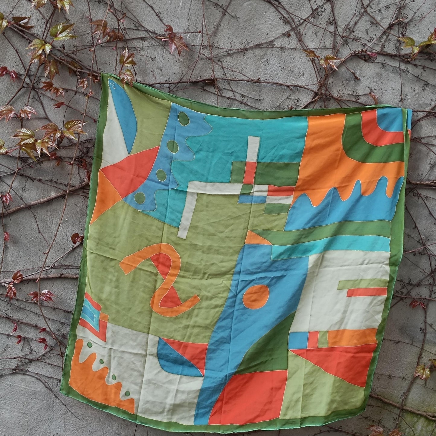 Vintage Hand Painted Silk Scarf Abstract Geometric Wearable Art Mid Century Style