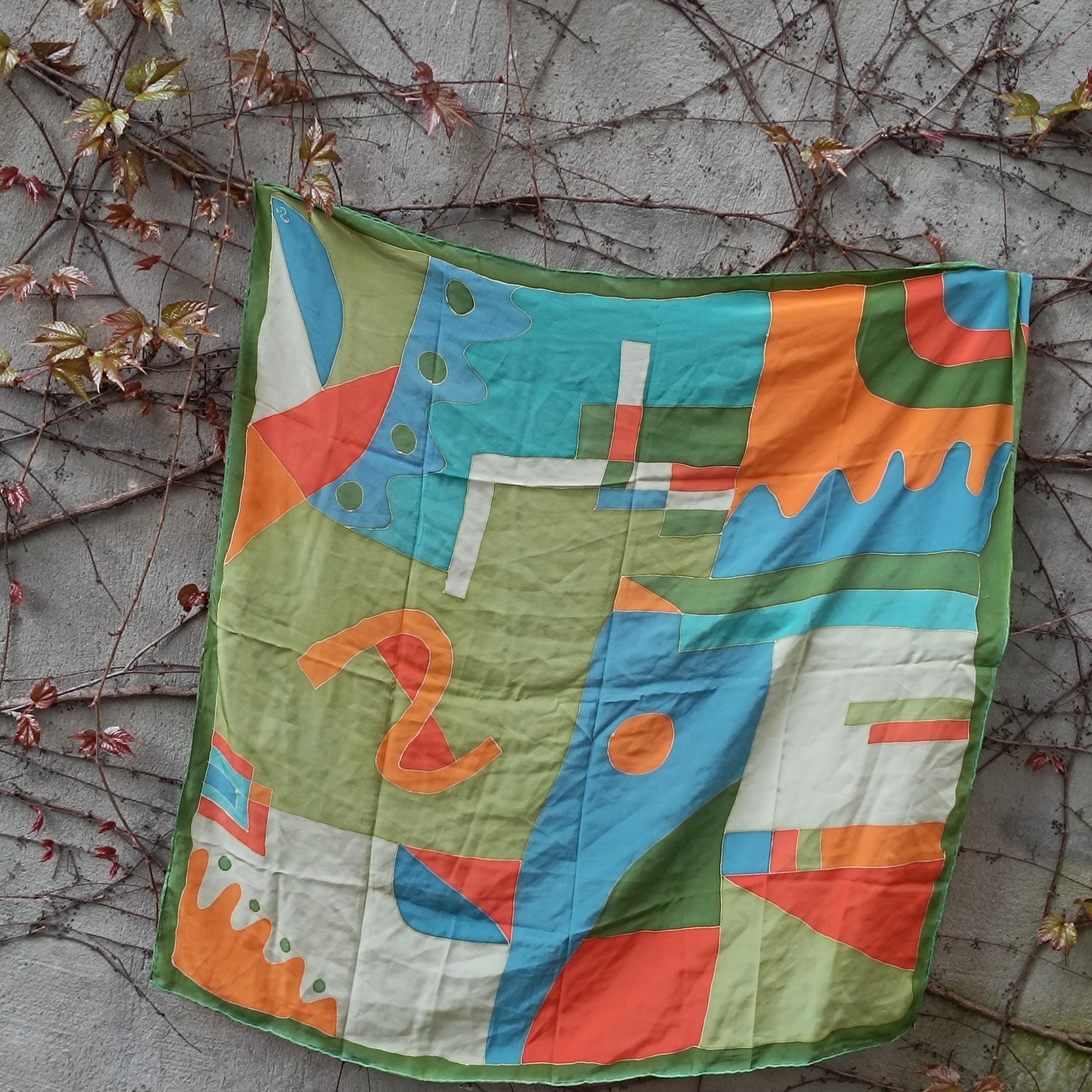 Vintage Hand Painted Silk Scarf Abstract Geometric Wearable Art Mid Century Style