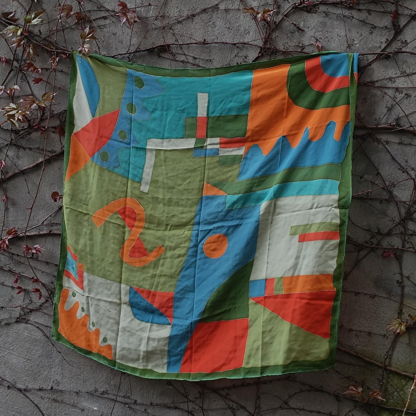 Vintage Hand Painted Silk Scarf Abstract Geometric Wearable Art Mid Century Style