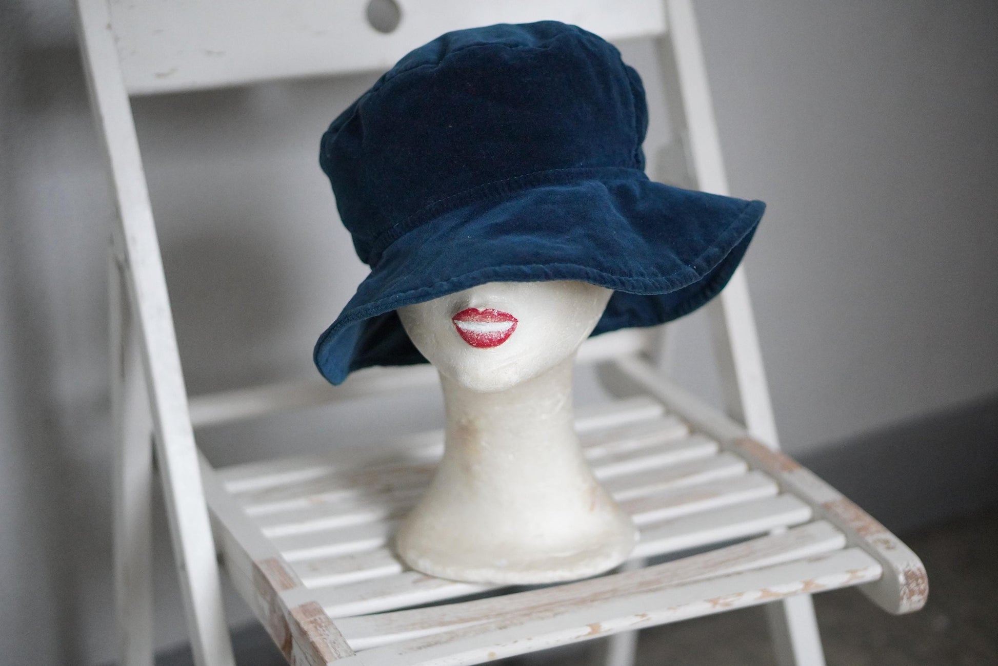 Blue Velvet Bucket Hat Vintage 90s Soft Cotton Navy Sun Hat 57cm Small Brim