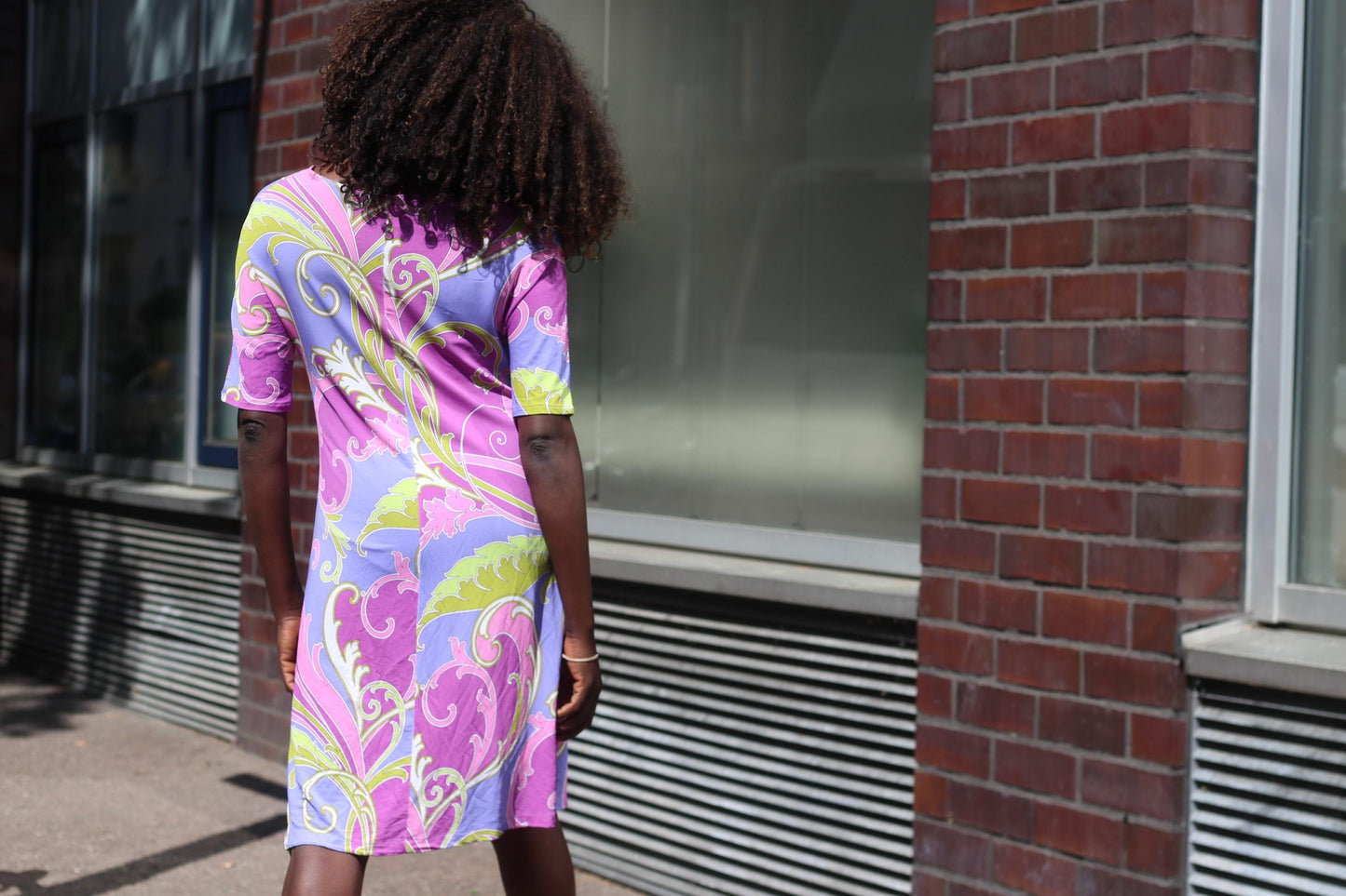 Vintage 70s Psych Print Dress Retro Pucci Style Mini Pink Purple Abstract V-Neck