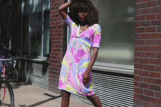 Vintage 70s Psych Print Dress Retro Pucci Style Mini Pink Purple Abstract V-Neck