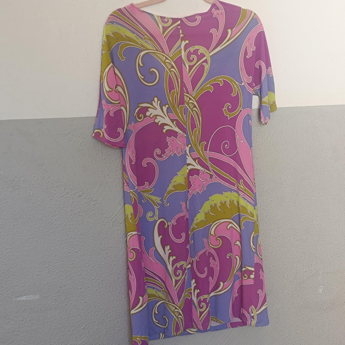Vintage 70s Psych Print Dress Retro Pucci Style Mini Pink Purple Abstract V-Neck
