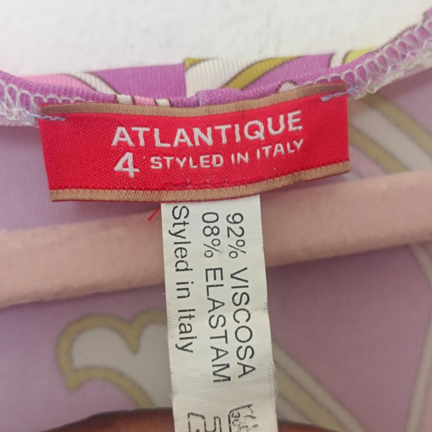 Vintage 70s Psych Print Dress Retro Pucci Style Mini Pink Purple Abstract V-Neck