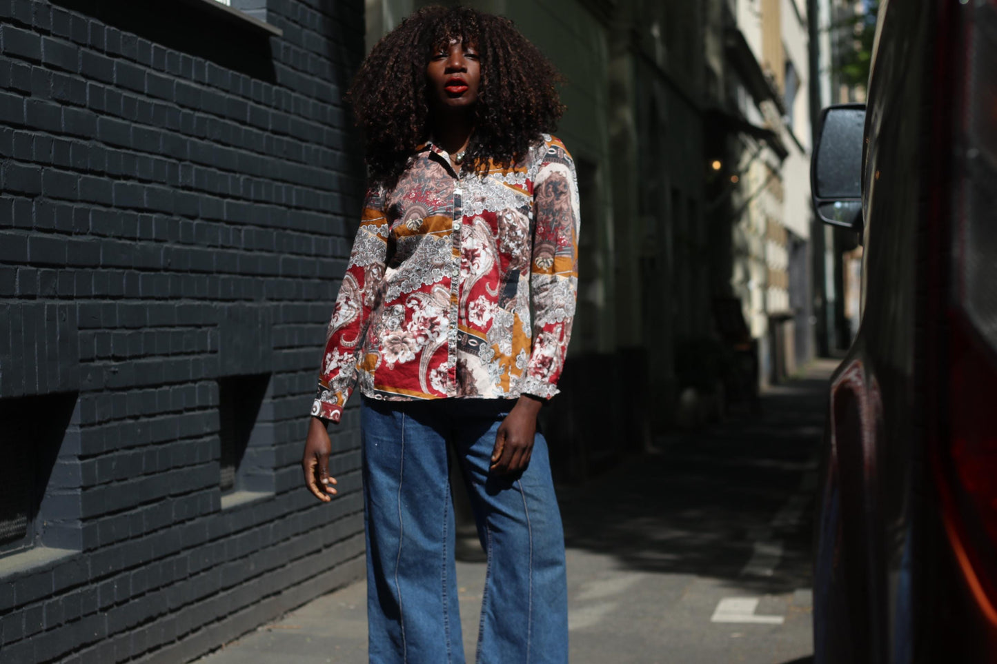 Vintage Paisley Print Button Down Blouse Bohemian Ochre Red Long Sleeve Shirt Top
