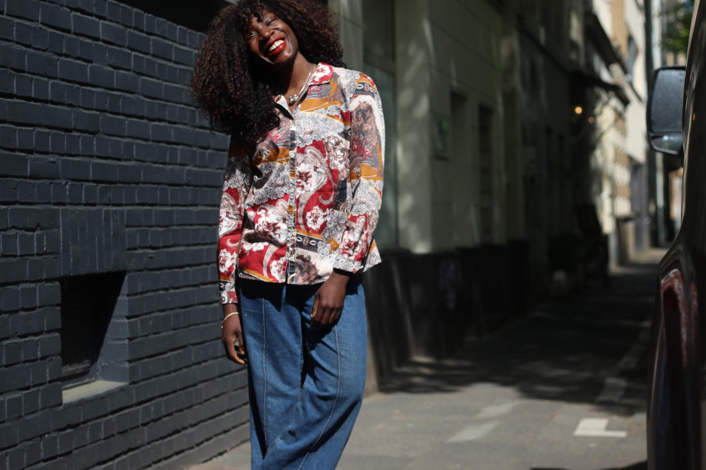Vintage Paisley Print Button Down Blouse Bohemian Ochre Red Long Sleeve Shirt Top
