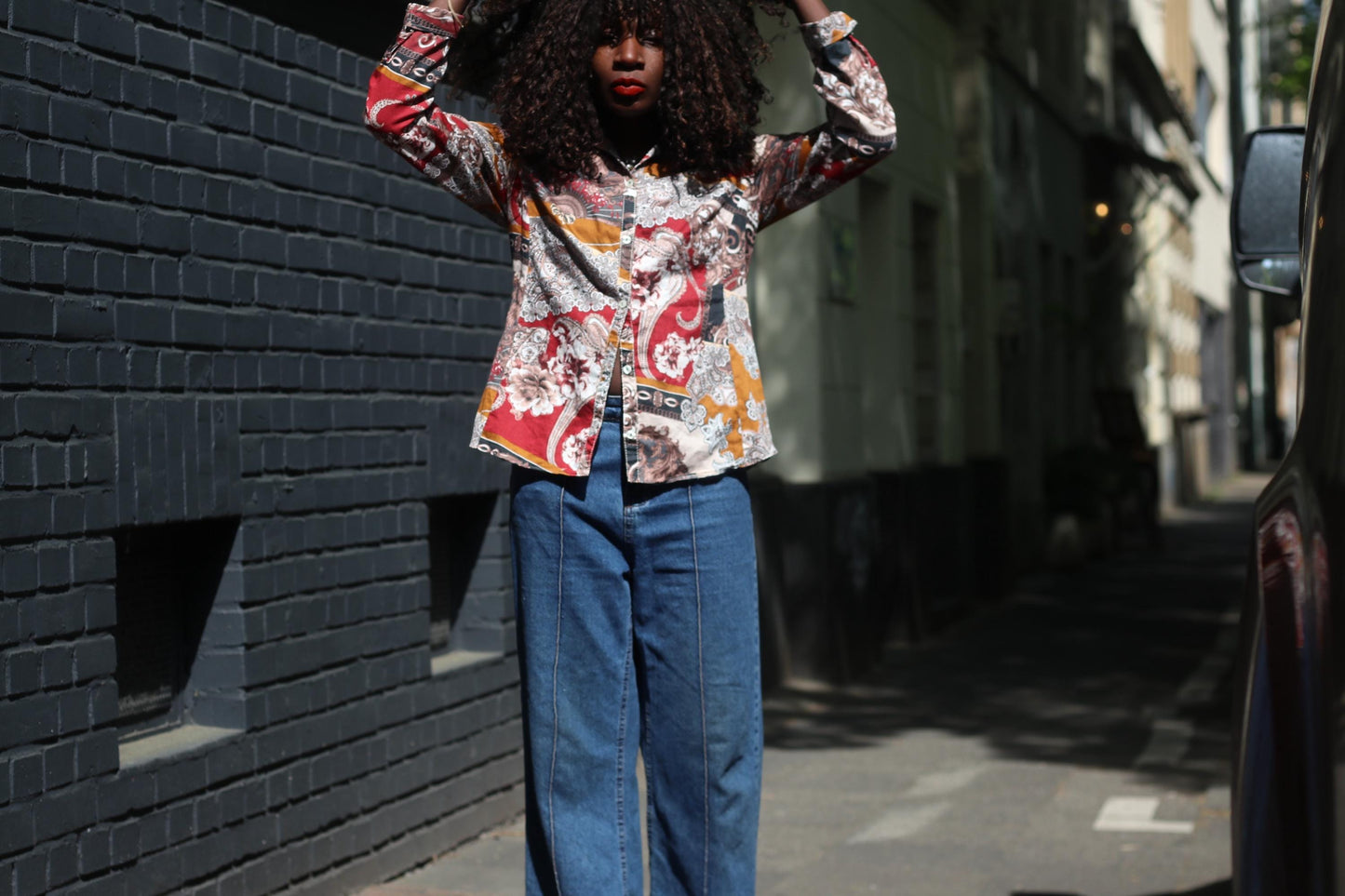 Vintage Paisley Print Button Down Blouse Bohemian Ochre Red Long Sleeve Shirt Top