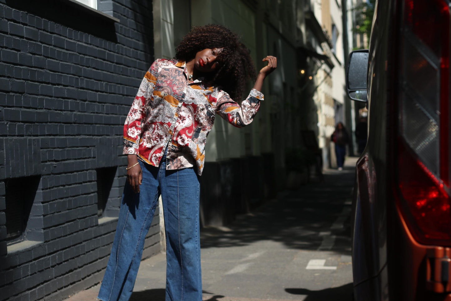 Vintage Paisley Print Button Down Blouse Bohemian Ochre Red Long Sleeve Shirt Top