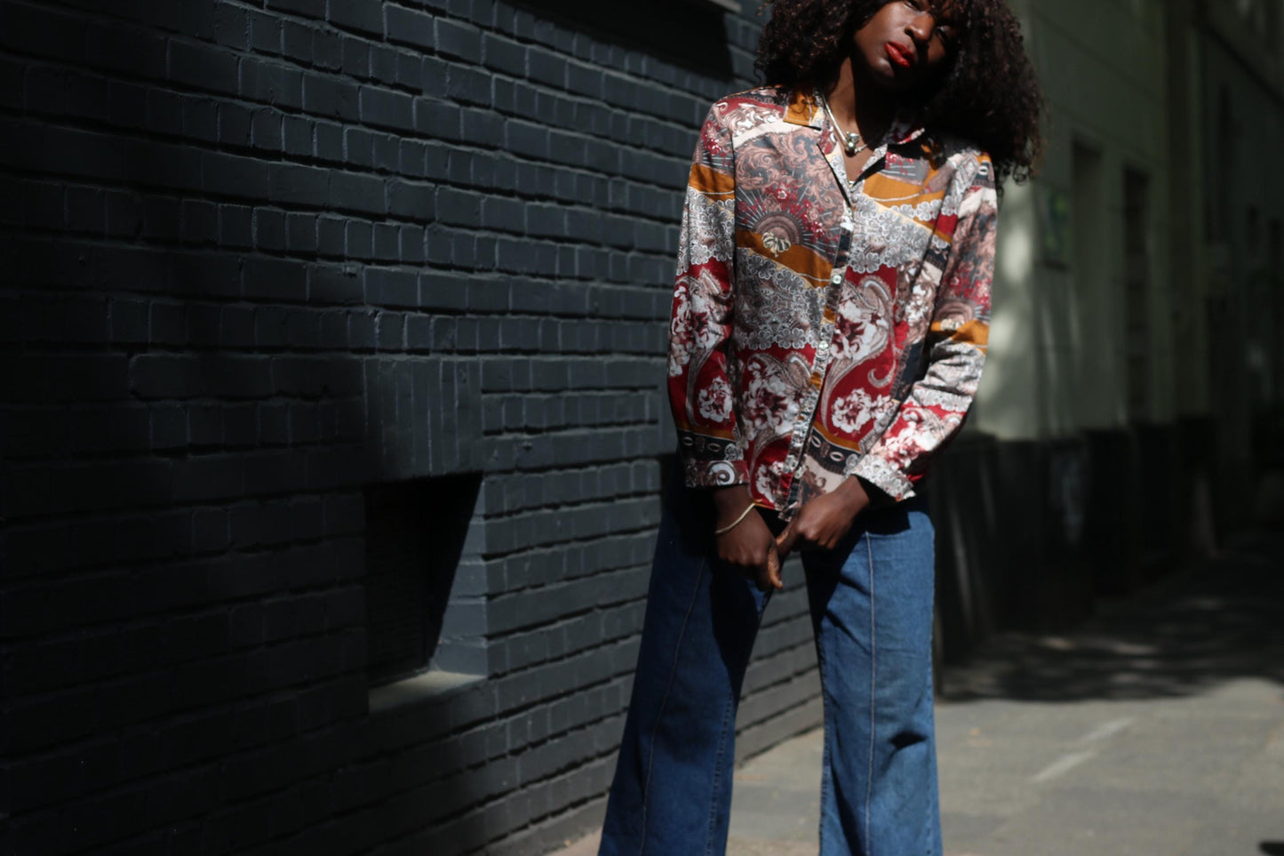 Vintage Paisley Print Button Down Blouse Bohemian Ochre Red Long Sleeve Shirt Top