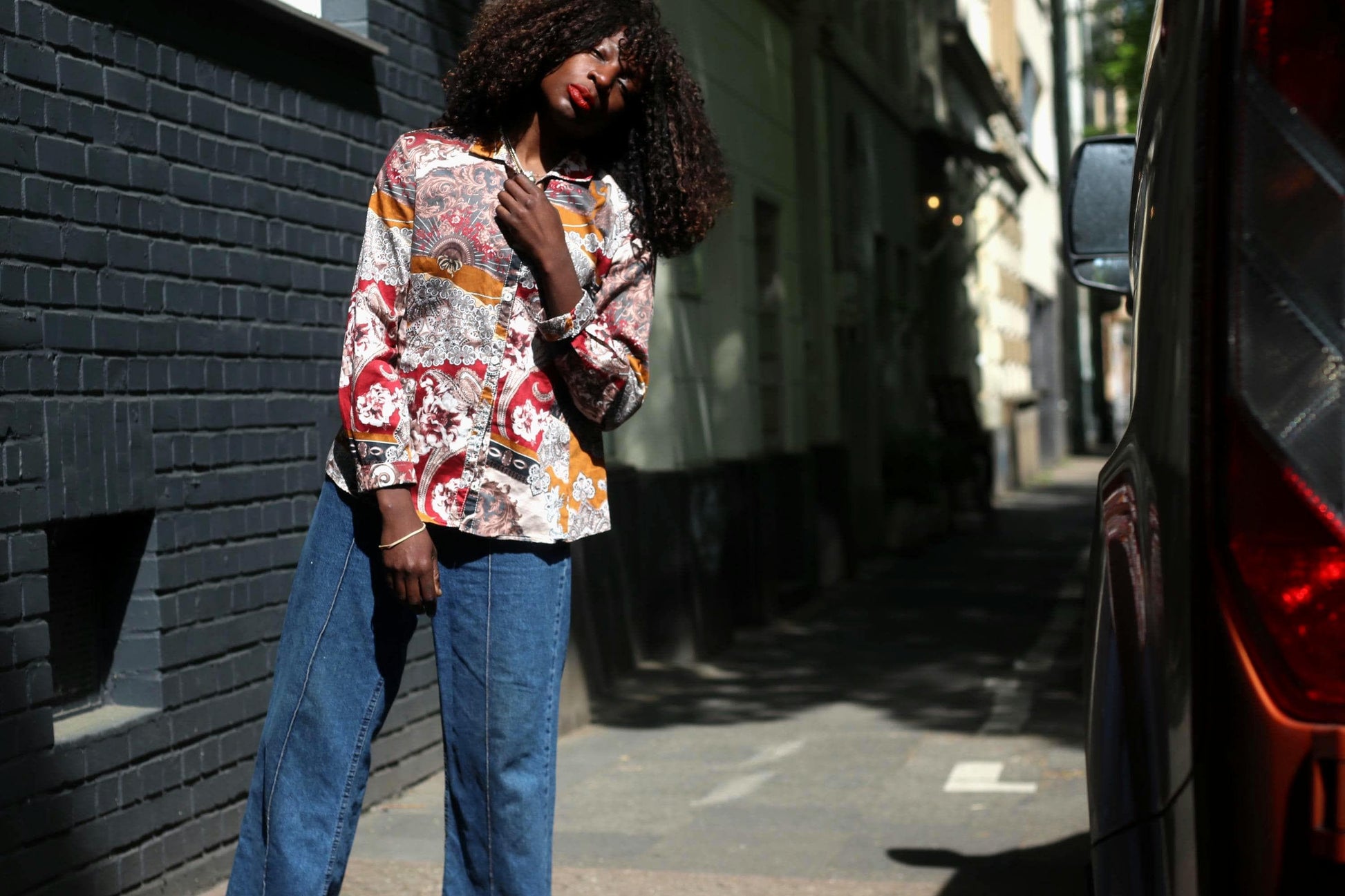 Vintage Paisley Print Button Down Blouse Bohemian Ochre Red Long Sleeve Shirt Top