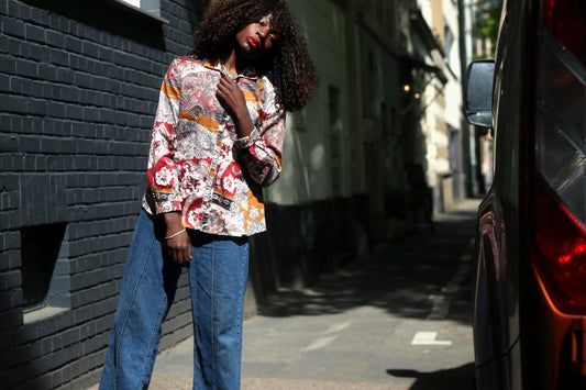 Vintage Paisley Print Button Down Blouse Bohemian Ochre Red Long Sleeve Shirt Top
