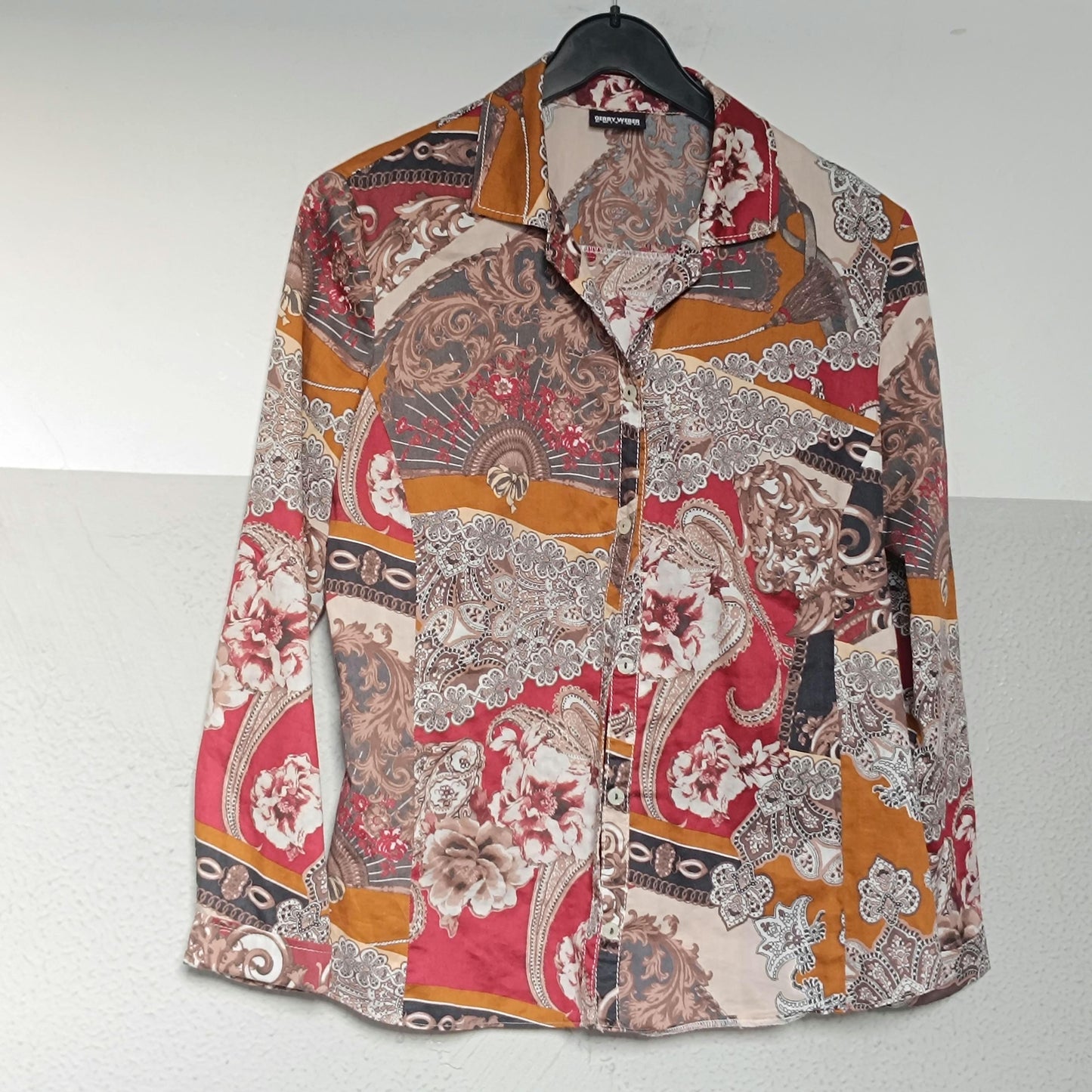 Vintage Paisley Print Button Down Blouse Bohemian Ochre Red Long Sleeve Shirt Top