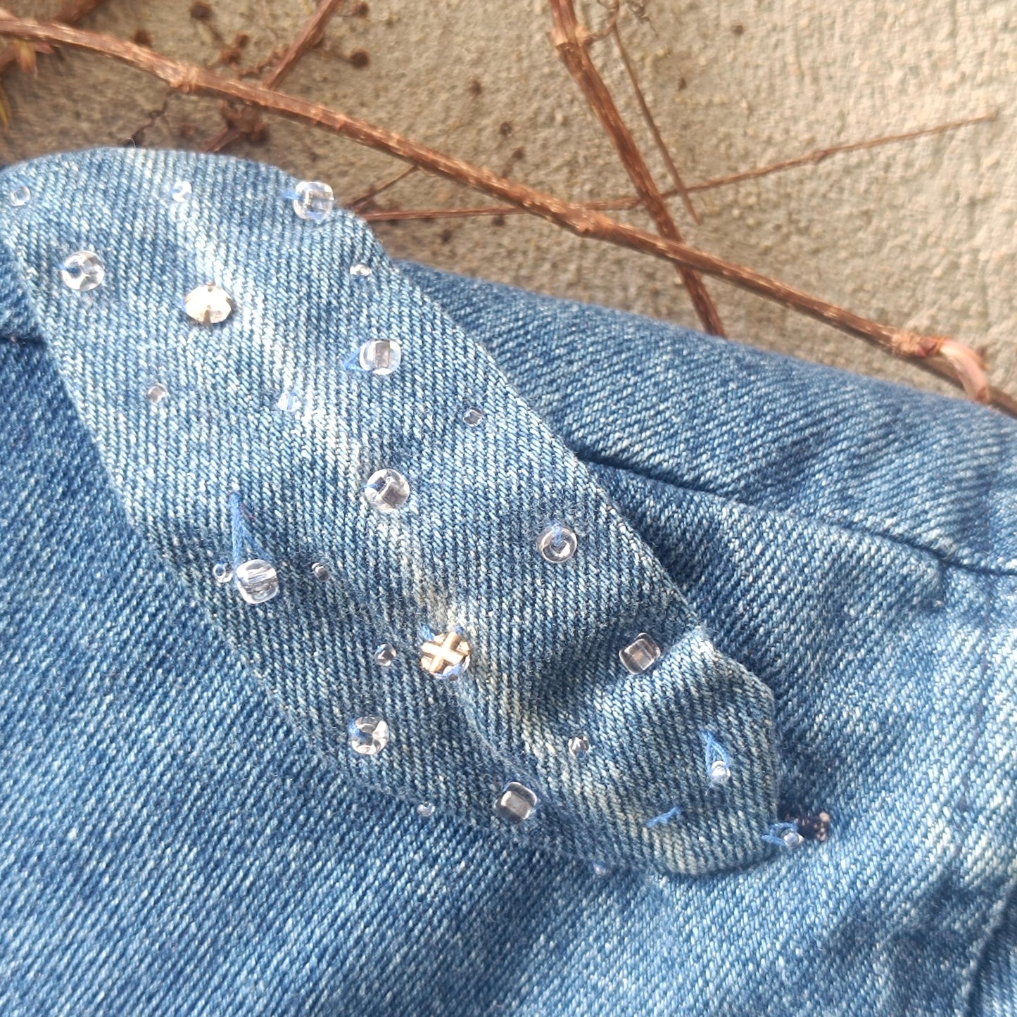 Vintage Denim Jacket Beaded Sleeve Detail Boho Jean Coat Blue Oversized Denim Top