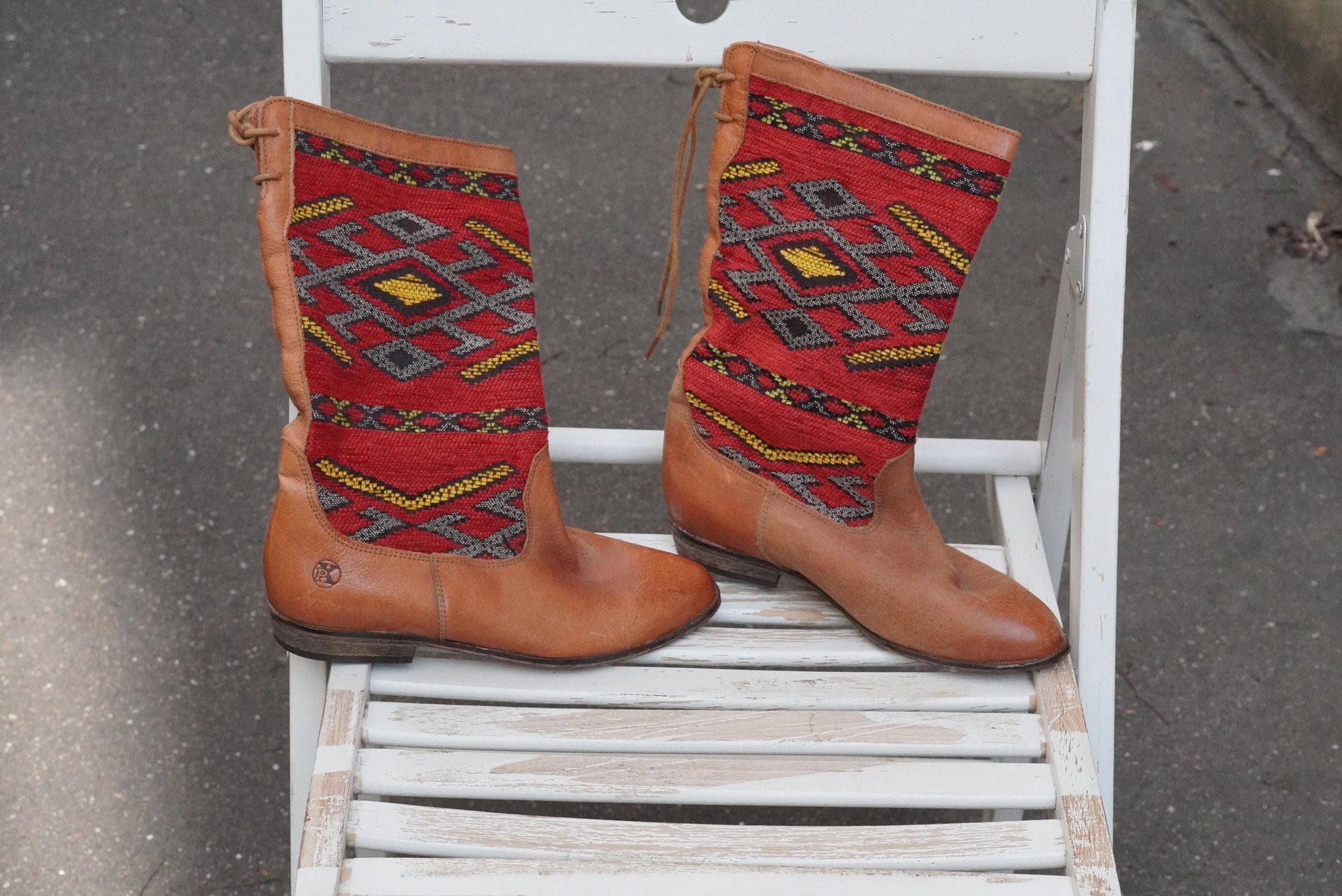 Vintage Kilim Leather Boots | Handwoven Wool Boho Western Shoes (EU 36)