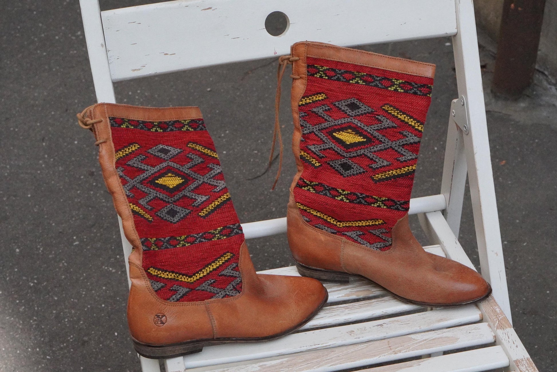 Vintage Kilim Leather Boots | Handwoven Wool Boho Western Shoes (EU 36)