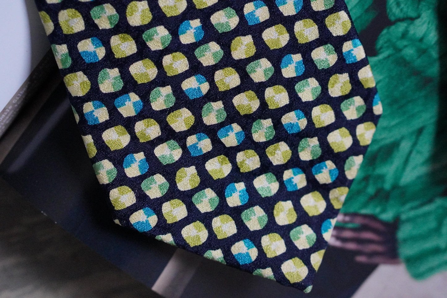 Vintage Silk Tie Geometric Mosaic Print Chartreuse Green Blue Retro Necktie