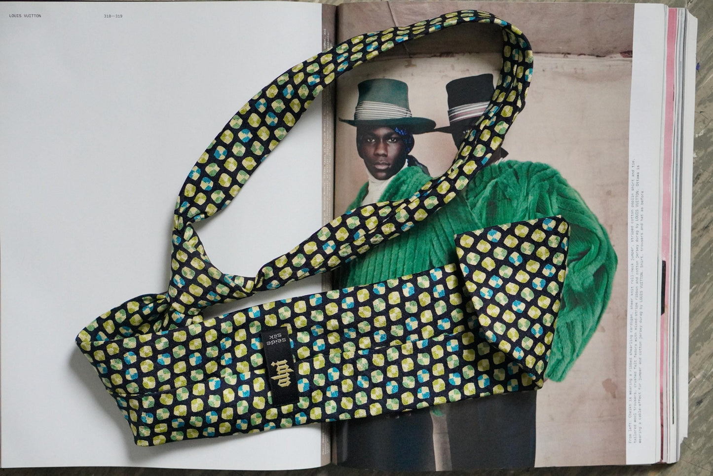 Vintage Silk Tie Geometric Mosaic Print Chartreuse Green Blue Retro Necktie
