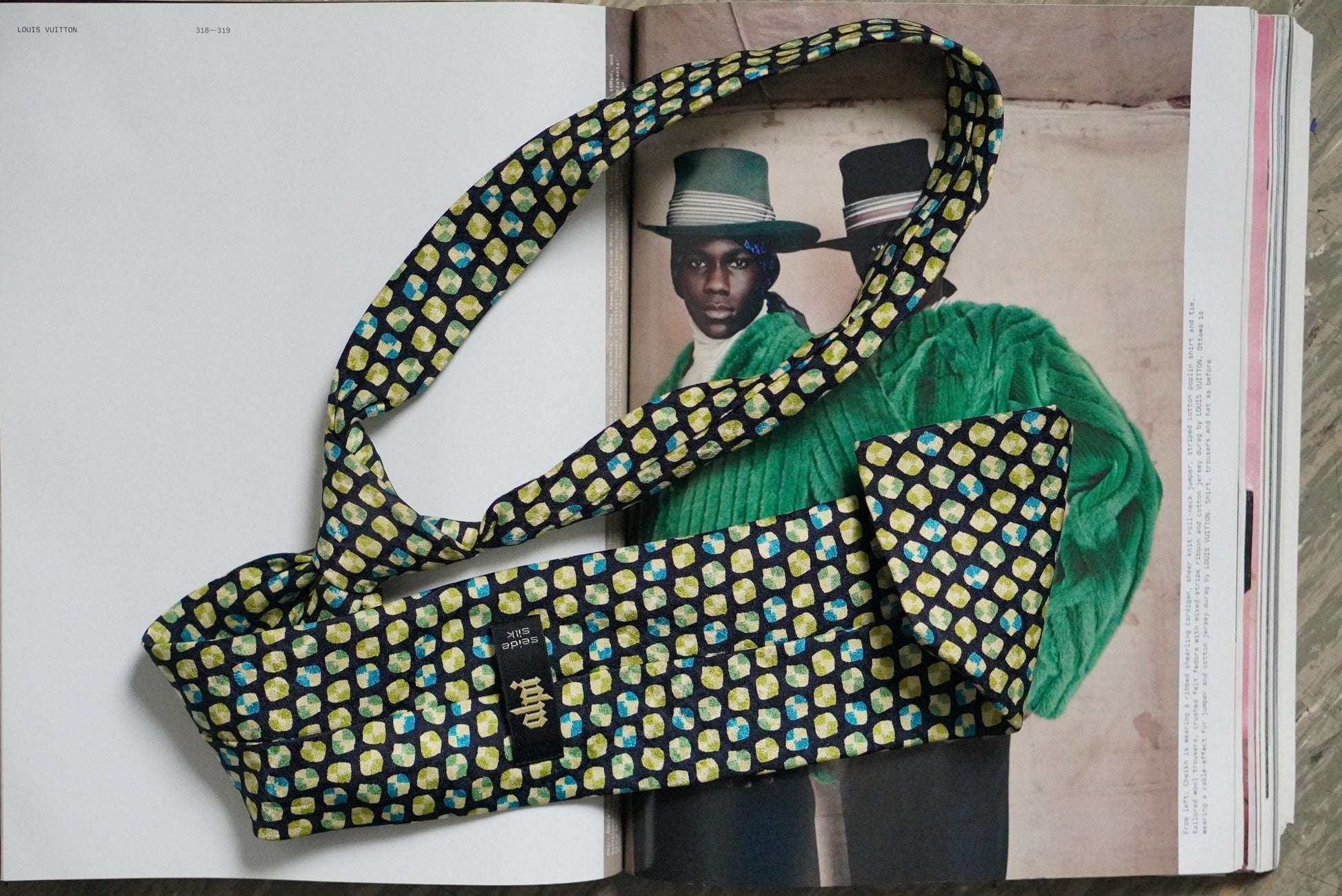 Vintage Silk Tie Geometric Mosaic Print Chartreuse Green Blue Retro Necktie