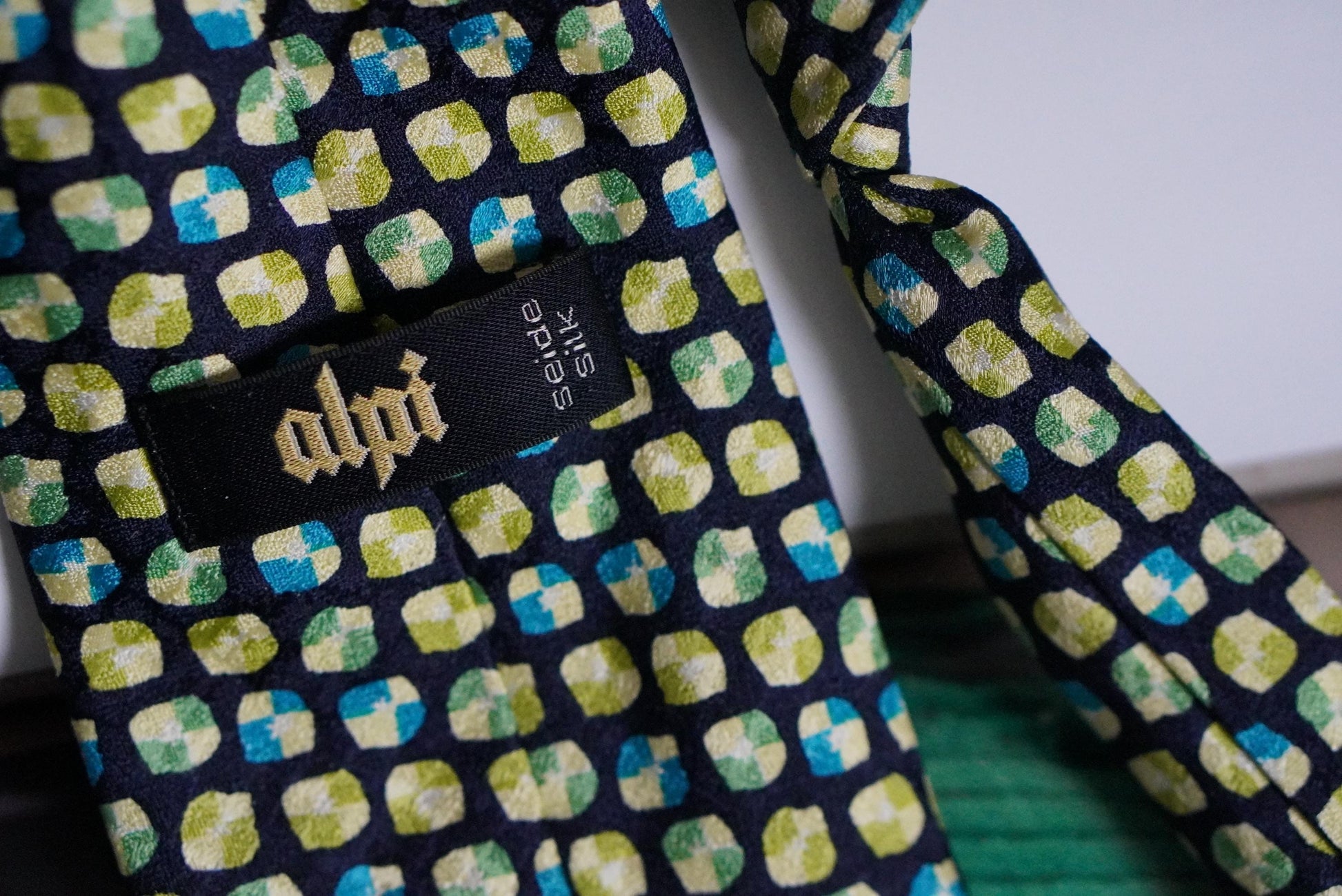 Vintage Silk Tie Geometric Mosaic Print Chartreuse Green Blue Retro Necktie