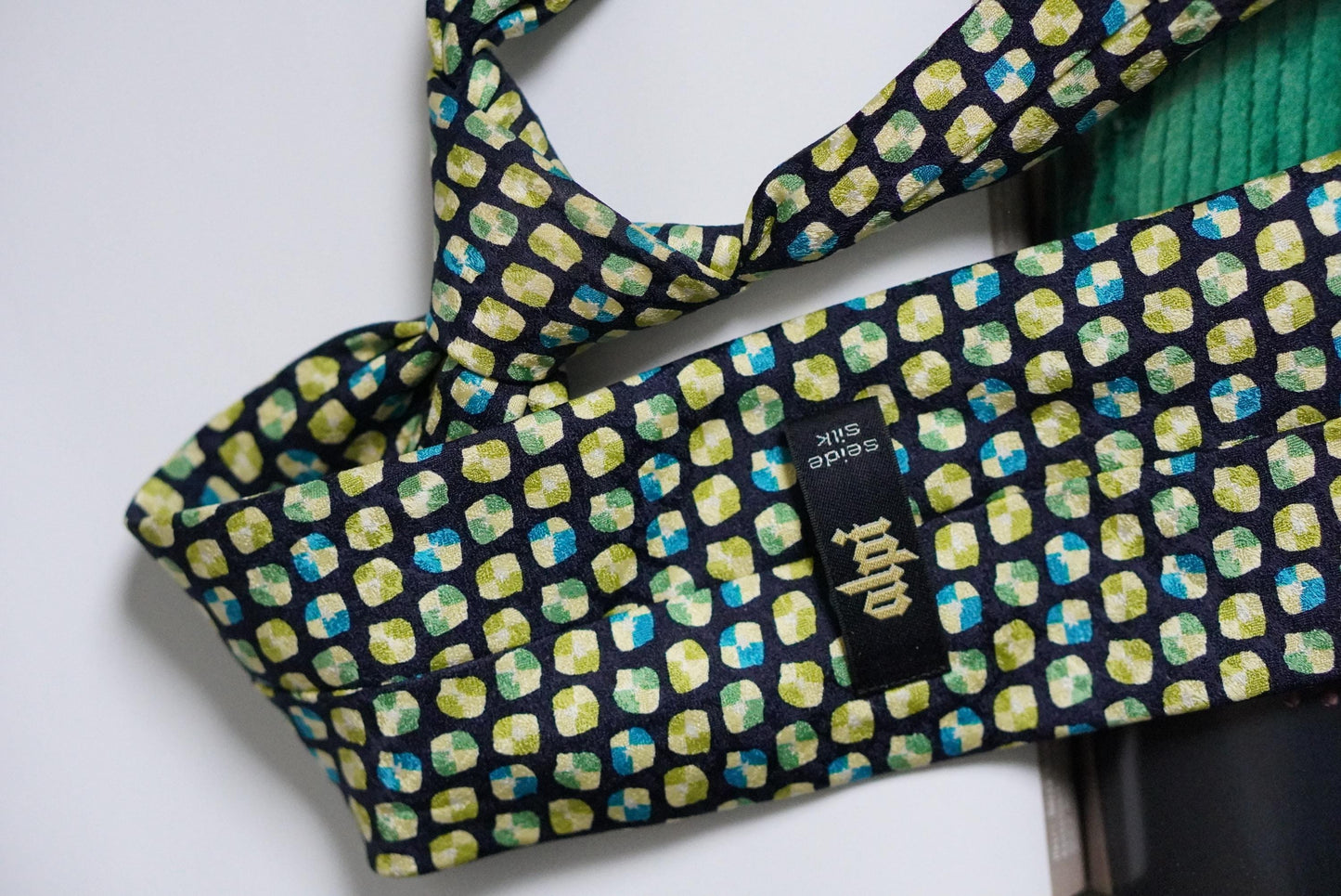 Vintage Silk Tie Geometric Mosaic Print Chartreuse Green Blue Retro Necktie