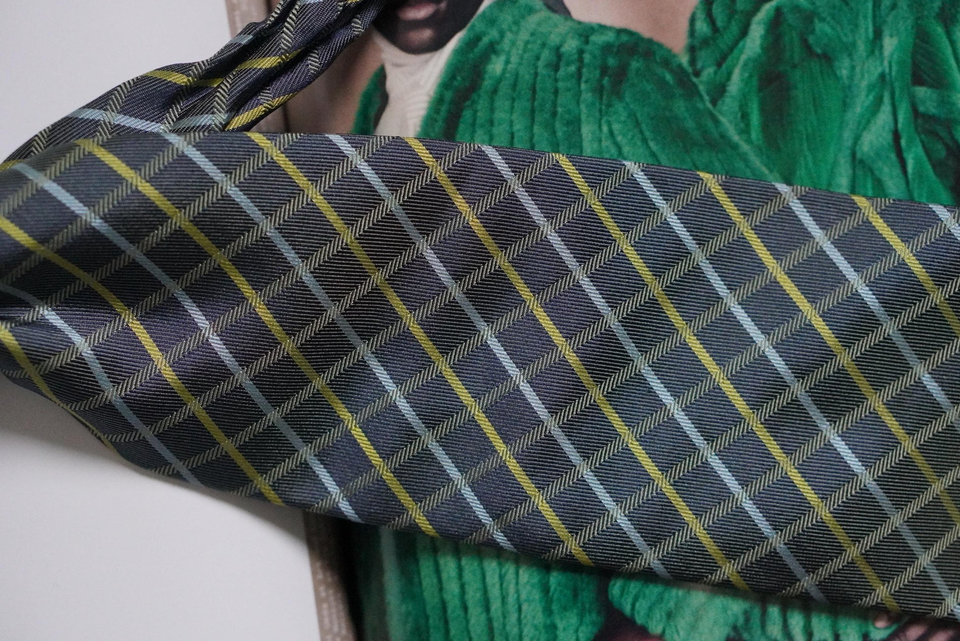 Vintage Profuomo Silk Tie Made in Italy Grey Yellow Blue Plaid Geometric Formal
