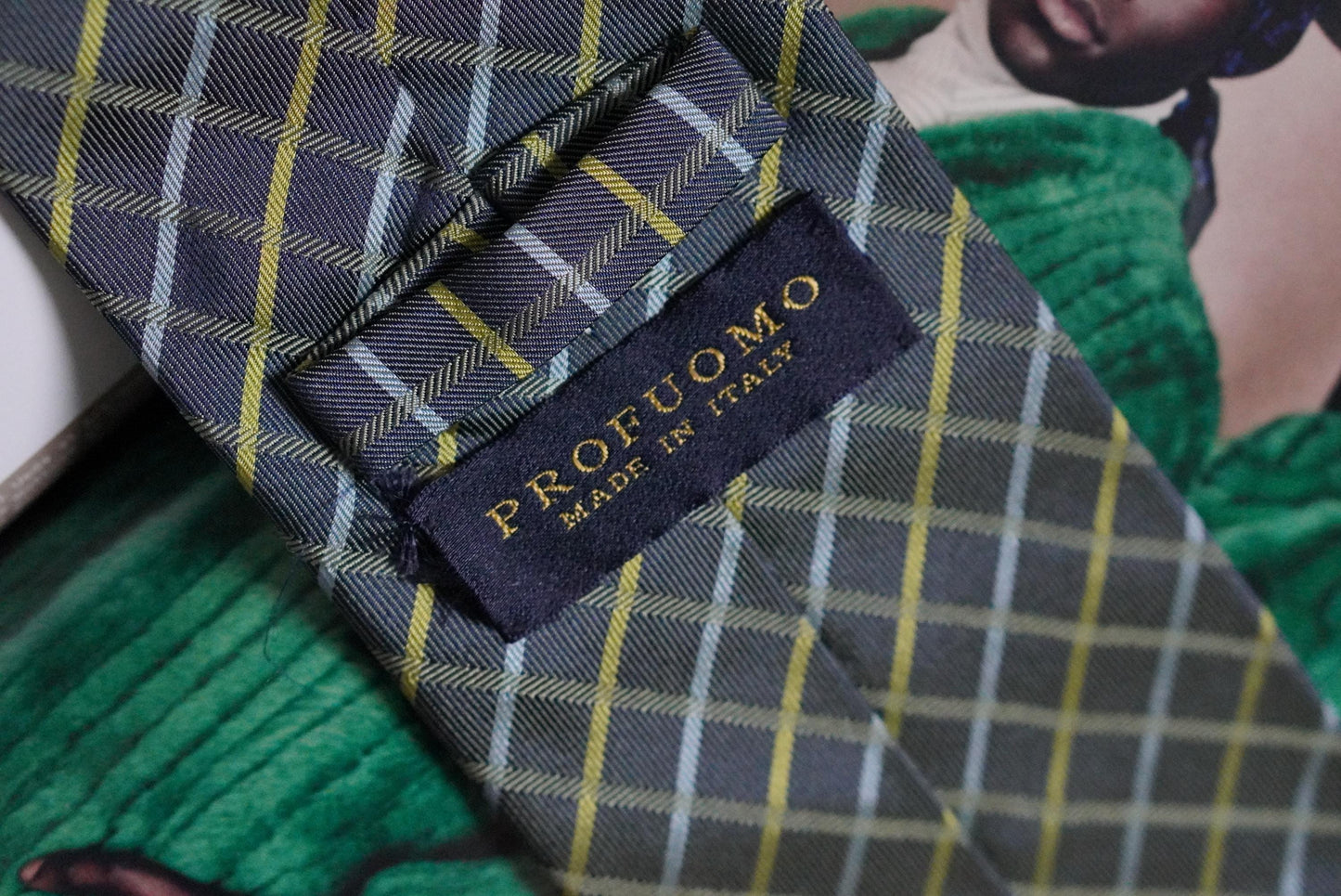 Vintage Profuomo Silk Tie Made in Italy Grey Yellow Blue Plaid Geometric Formal