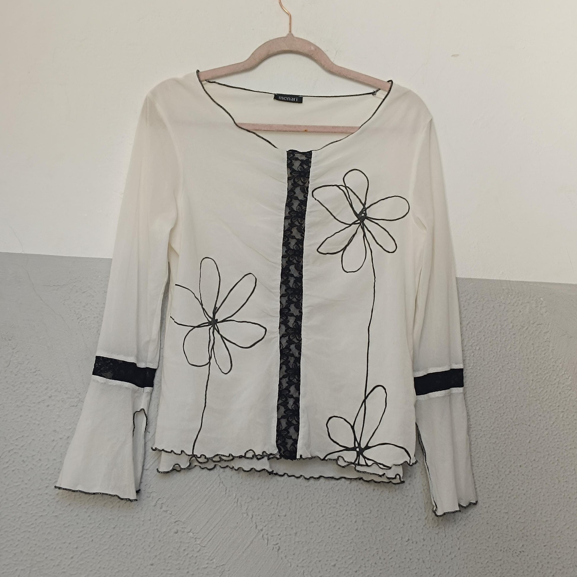 Y2K Monari Floral Embroidery Top Bell Sleeve Mesh Detail Lettuce Trim Vintage 00s